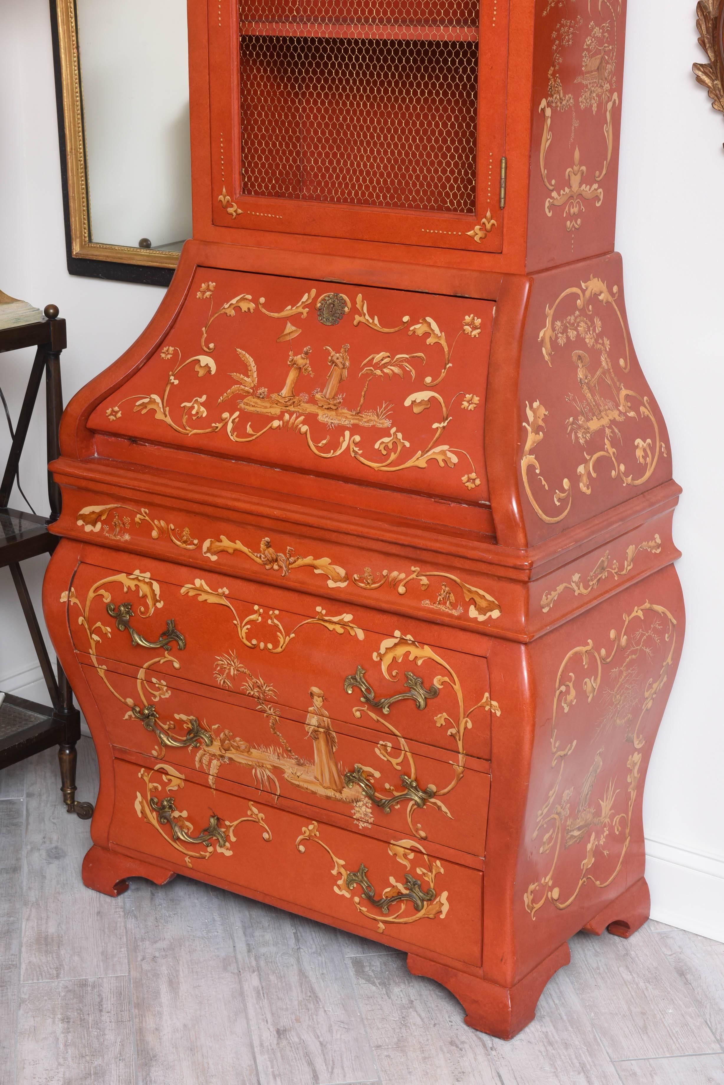 Striking chinoiserie secretary with exquisite hand-painted surfaces by the Isabel O'Neil Studio.