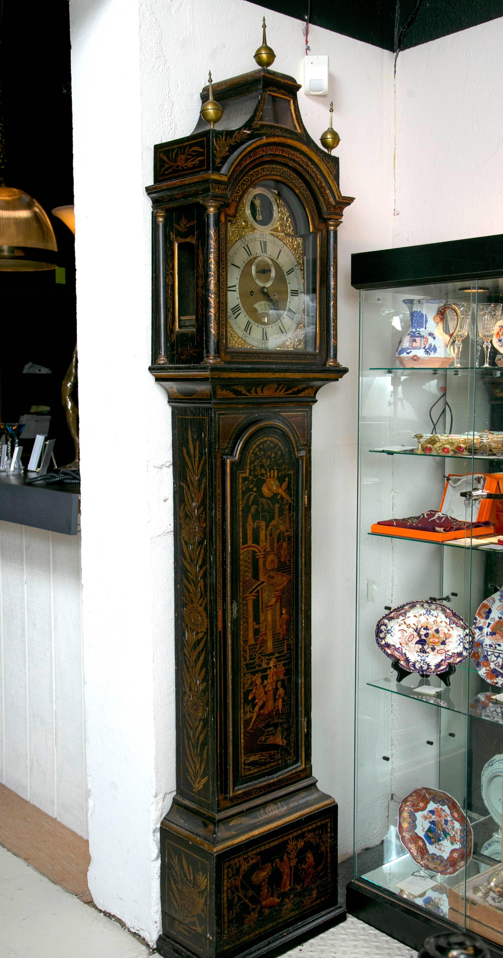 Black Chinoiserie Grandfather Clock  In Excellent Condition For Sale In Stamford, CT
