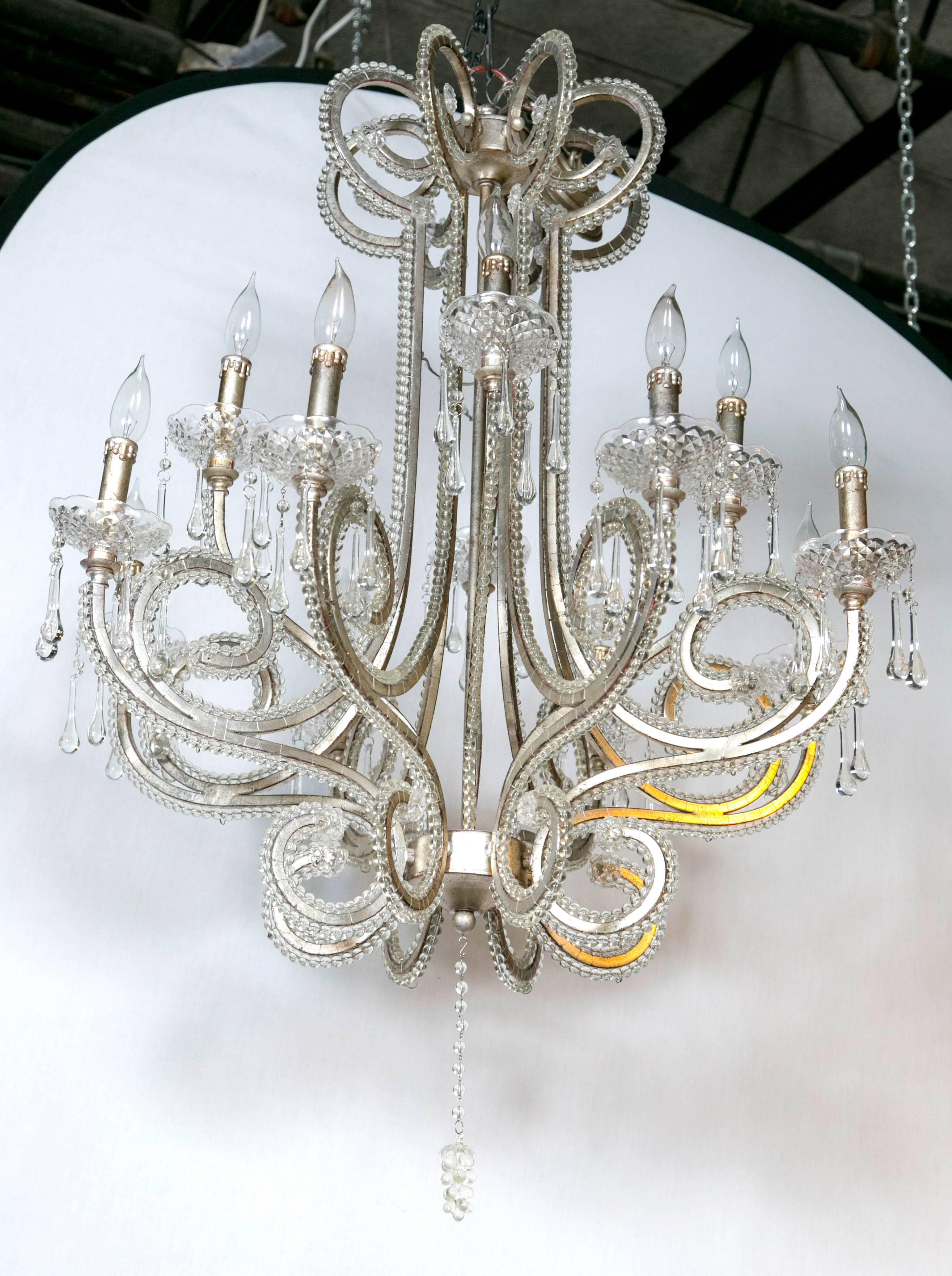 Vintage French Twelve Light Beaded Chandelier With Crystal Bobeches. 
