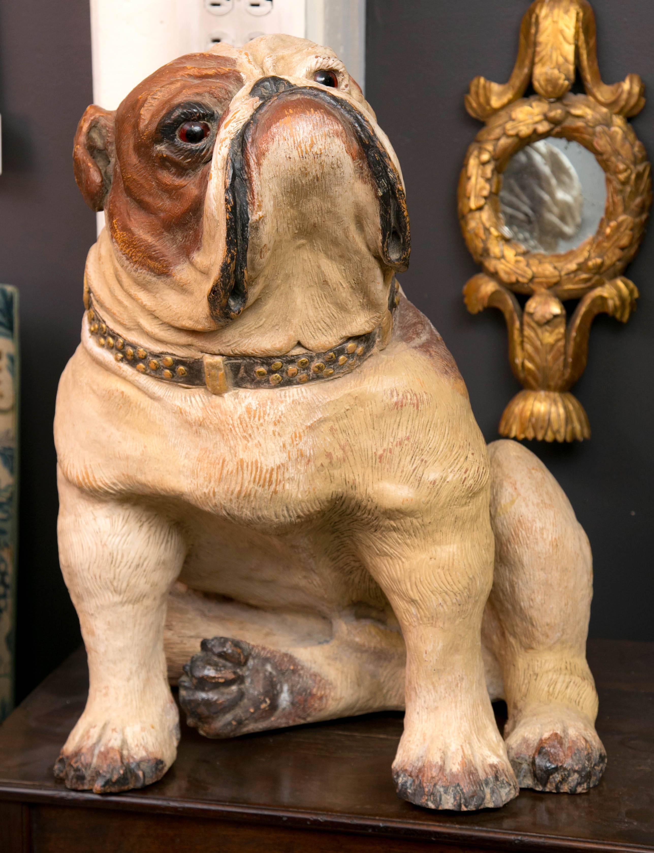 Rare hand-painted realistic terra cotta English bulldog with glass eyes and collar in sitting position.
