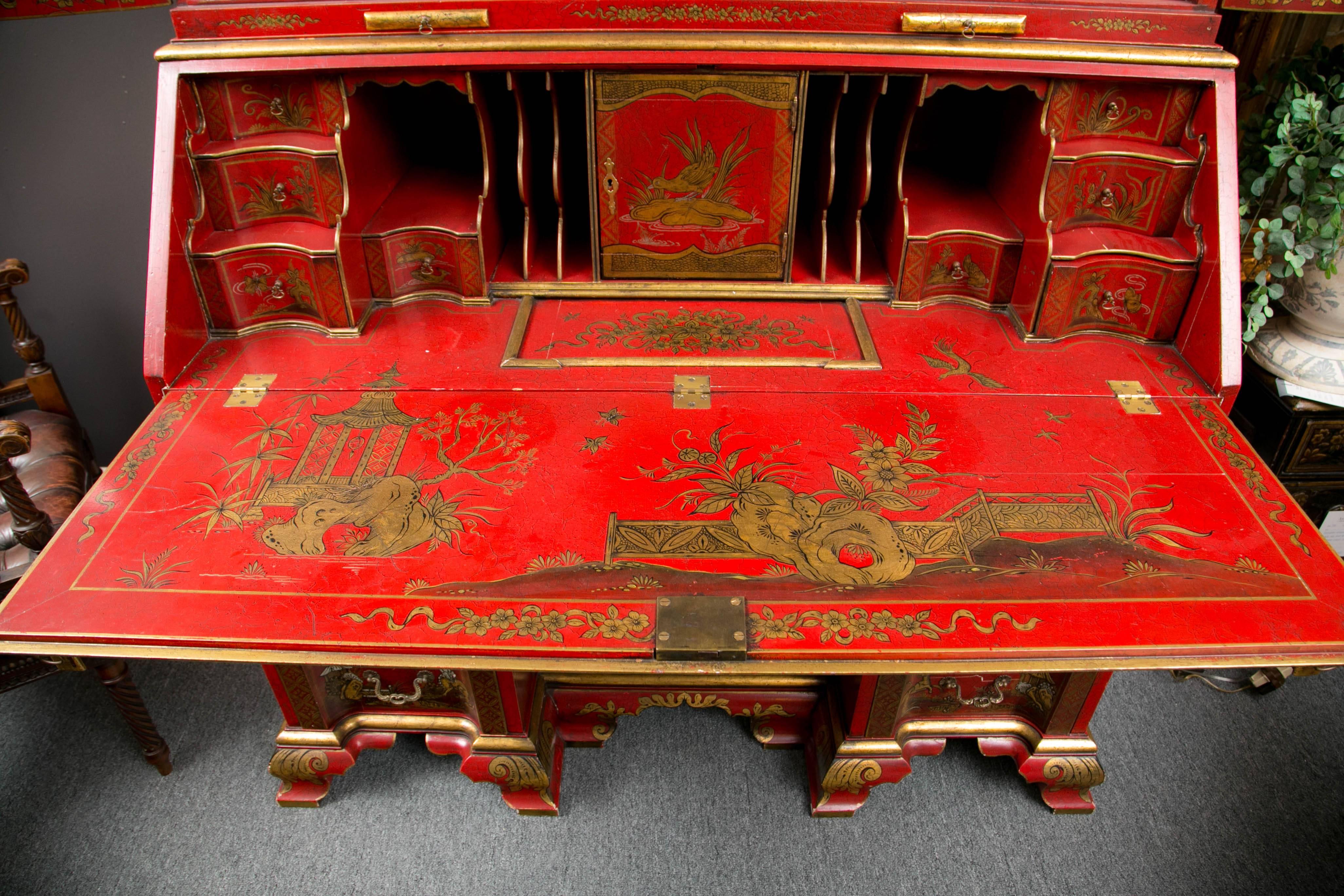 Hand-Painted English Red Chinoiserie Secretary In Good Condition In Stamford, CT