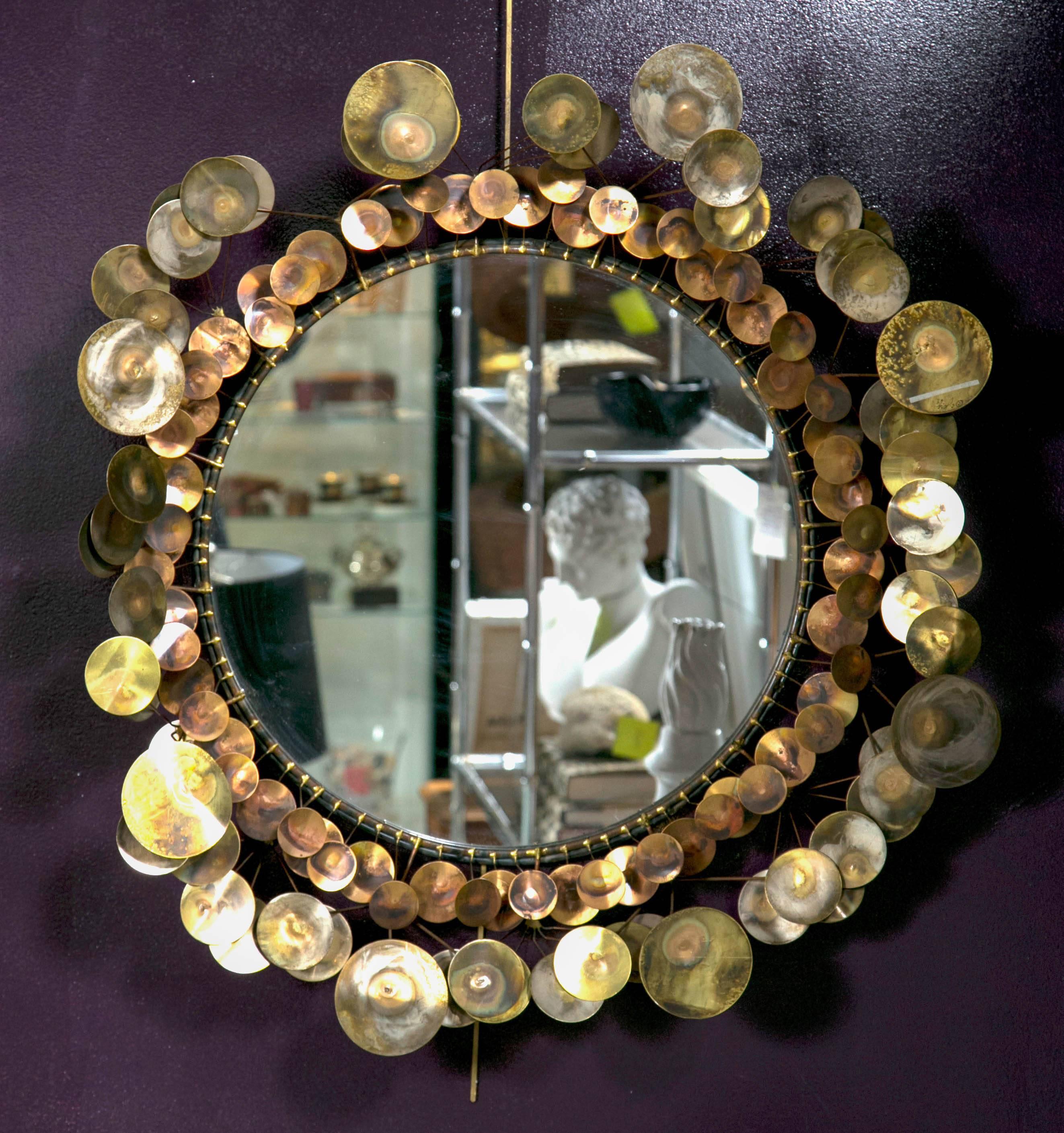 Curtis Jere raindrops welded brass and steel circular mirror. Ca. 1970's 