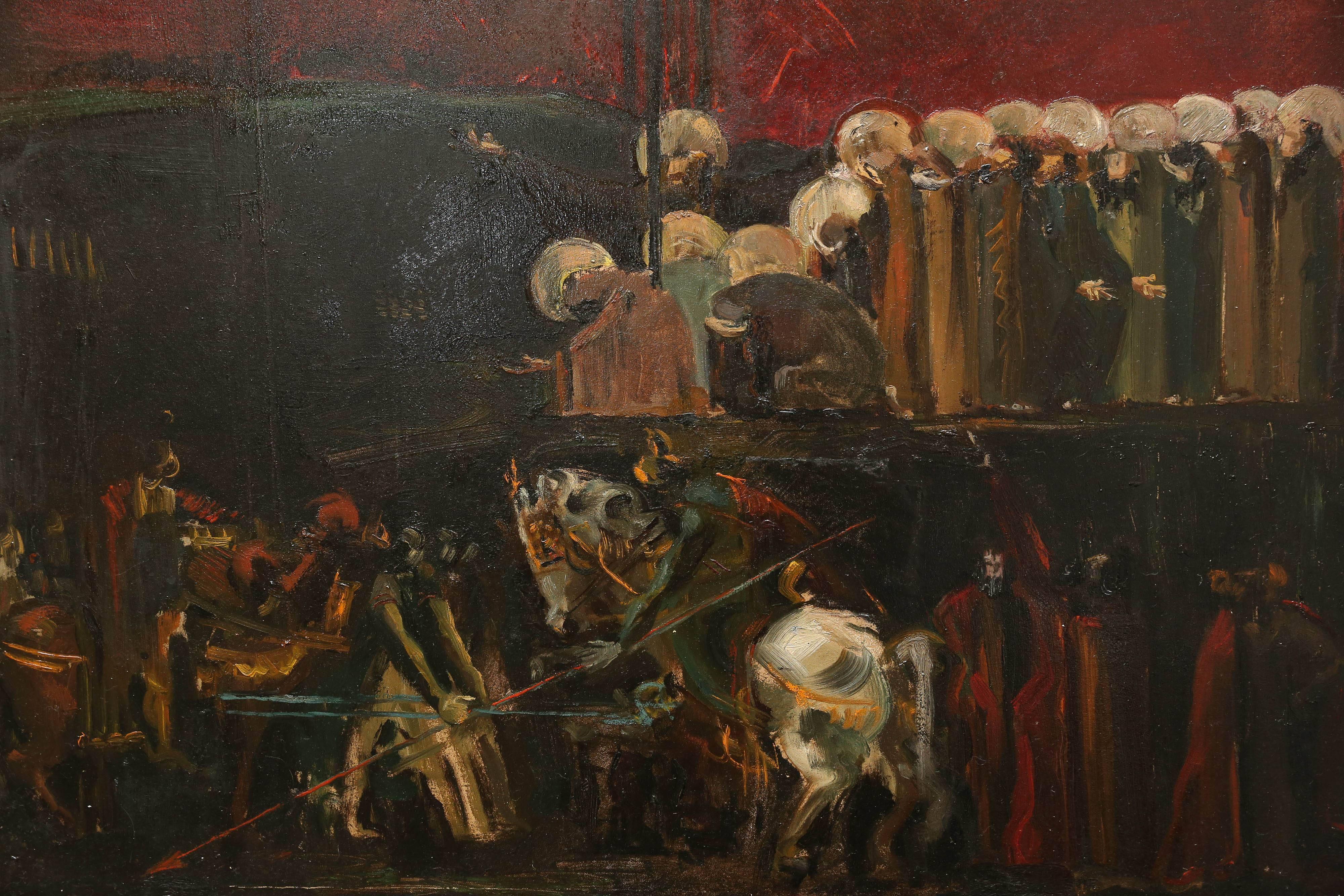 Luis Szepesi, signature lower left. Dimensions: 32 x 38 inches oil on fabric. Executed in an expressionistic style, depicting Life cycle of Christ. The unusual composition of the subject matter makes this art work exceptionally unique. Overall size