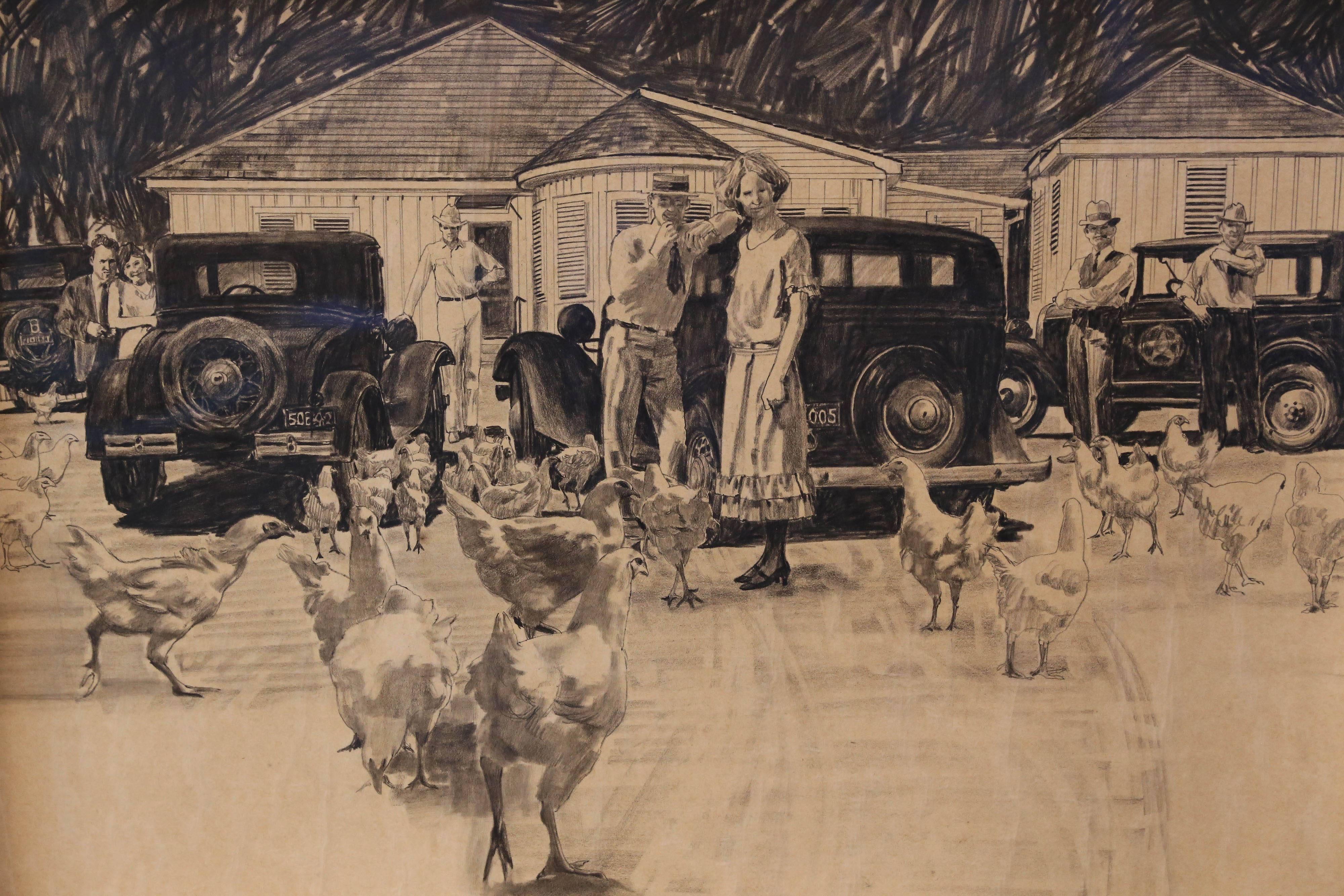 Der Houstoner Künstler Al Bates (1931-...). Zeichenkohle auf dünnem Transparentpapier. Signiert unten rechts. Darstellung der Hühnerfarm, mit Bonnie und Clyde. Maße: 17 1/2