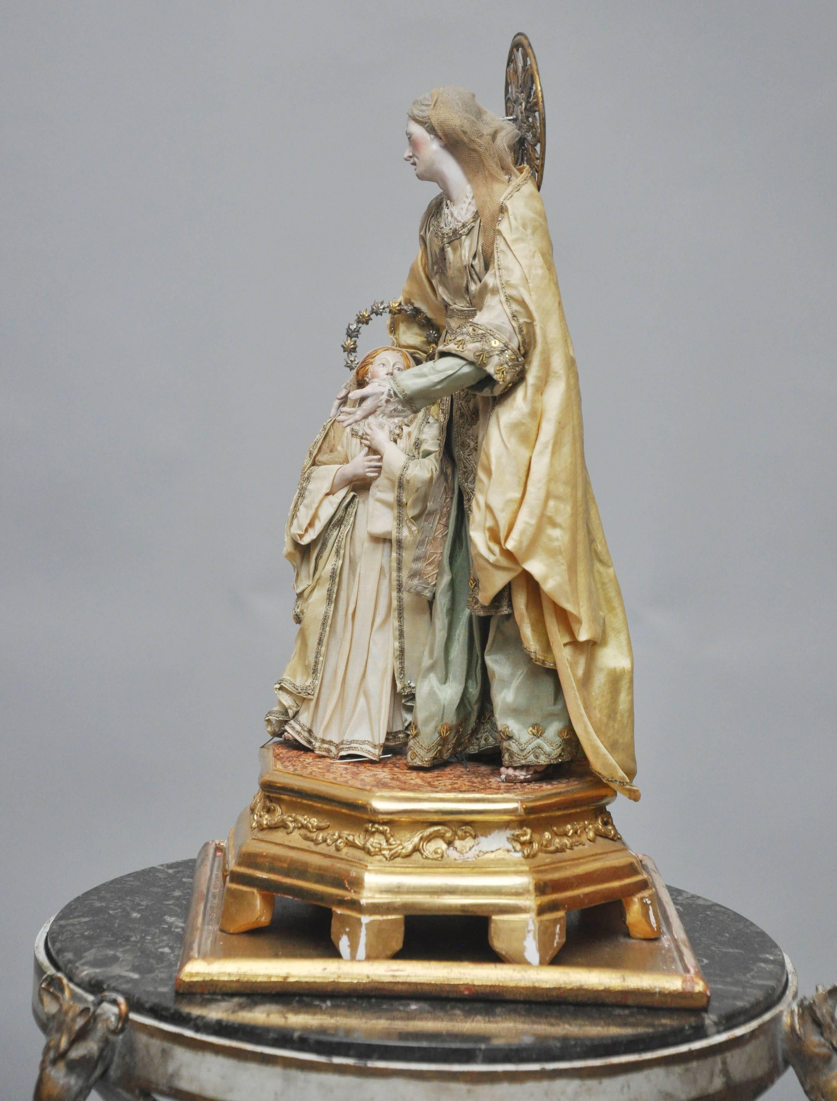 Blown Glass 18th Century Style Anne with Young Virgin Mary Carved Gesso Statue For Sale