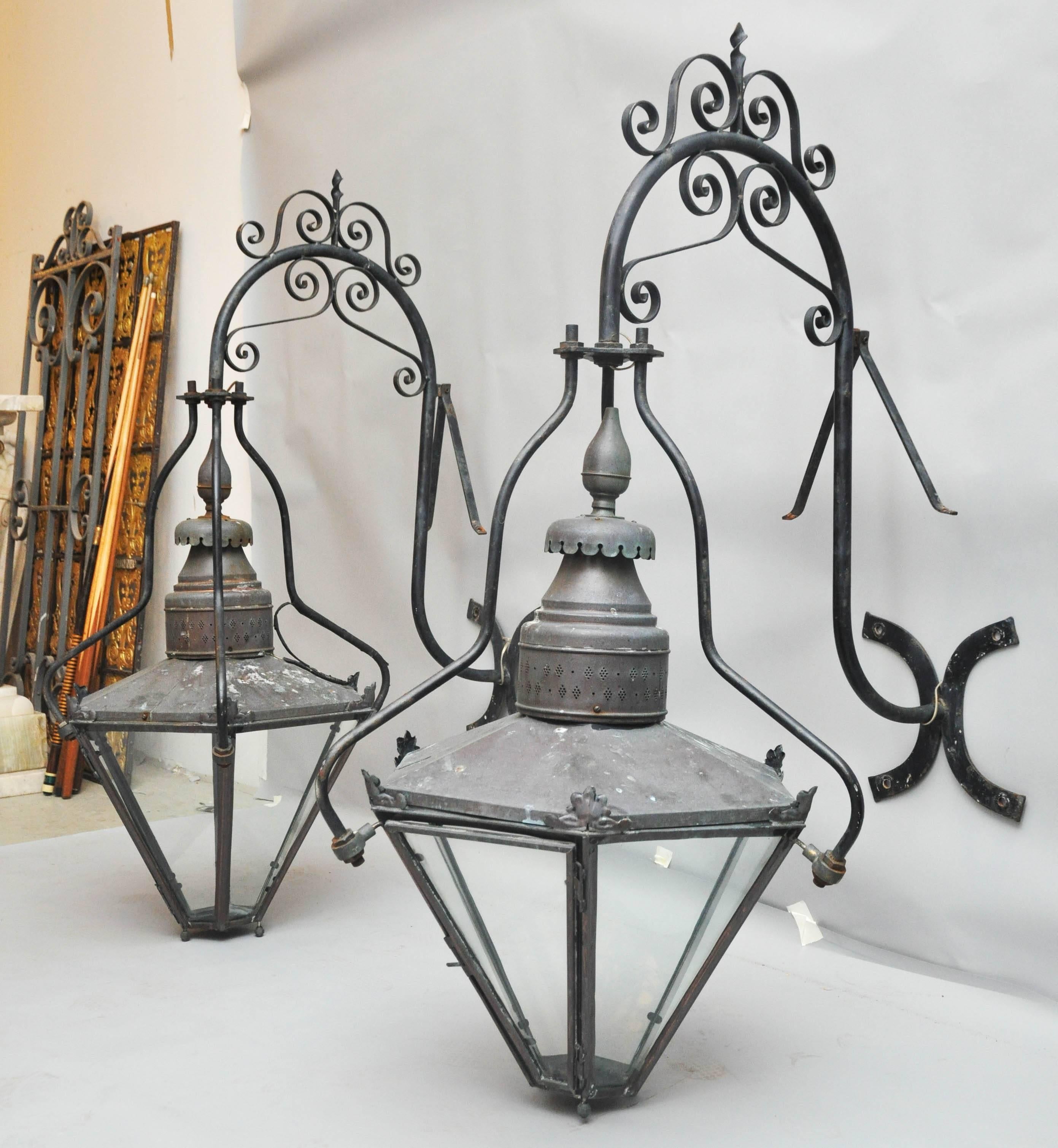 Tudor Pair 19th Century Monumental English Copper and Iron Outdoor Lantern Sconces For Sale