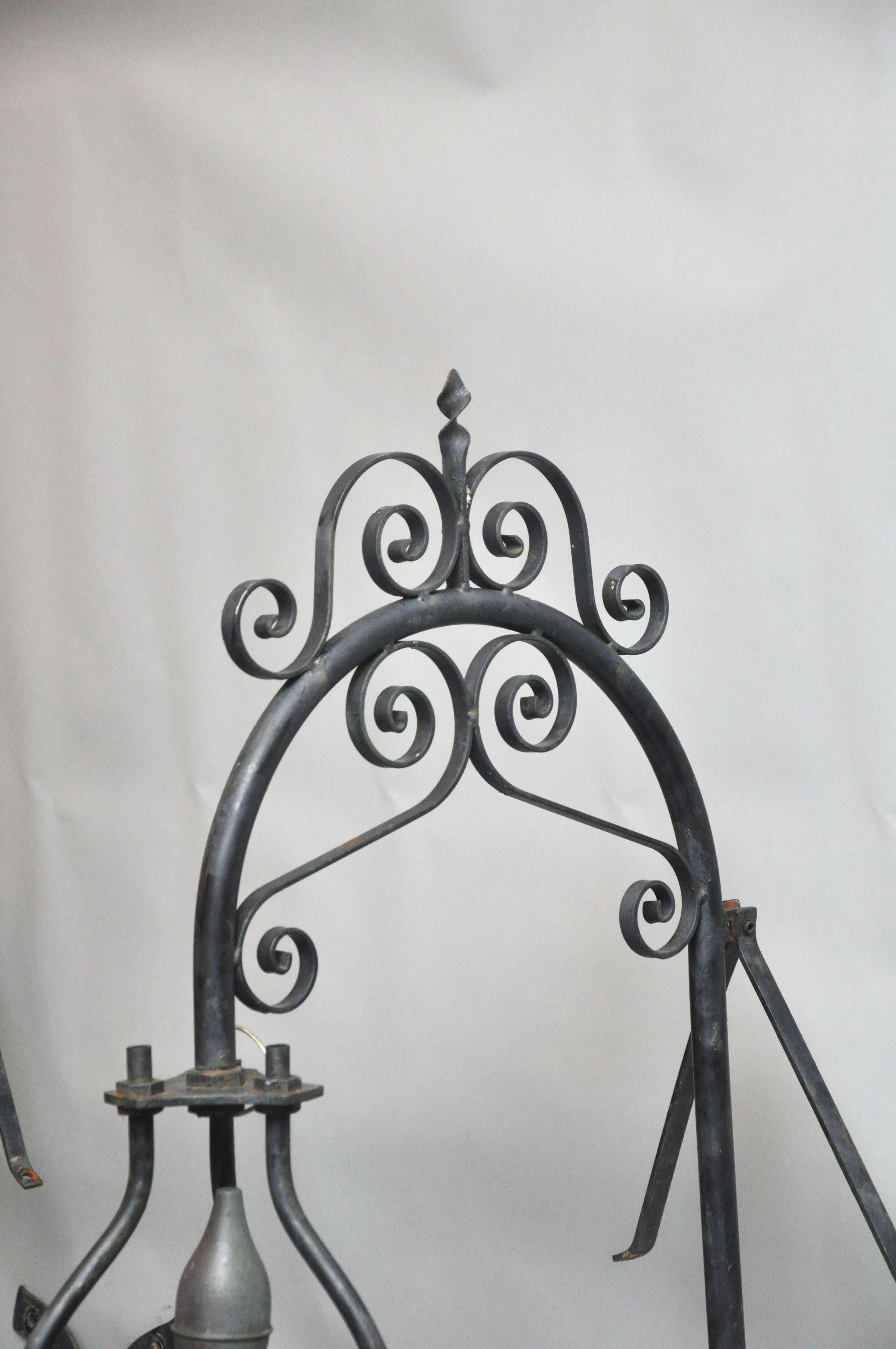 Pair 19th Century Monumental English Copper and Iron Outdoor Lantern Sconces For Sale 1