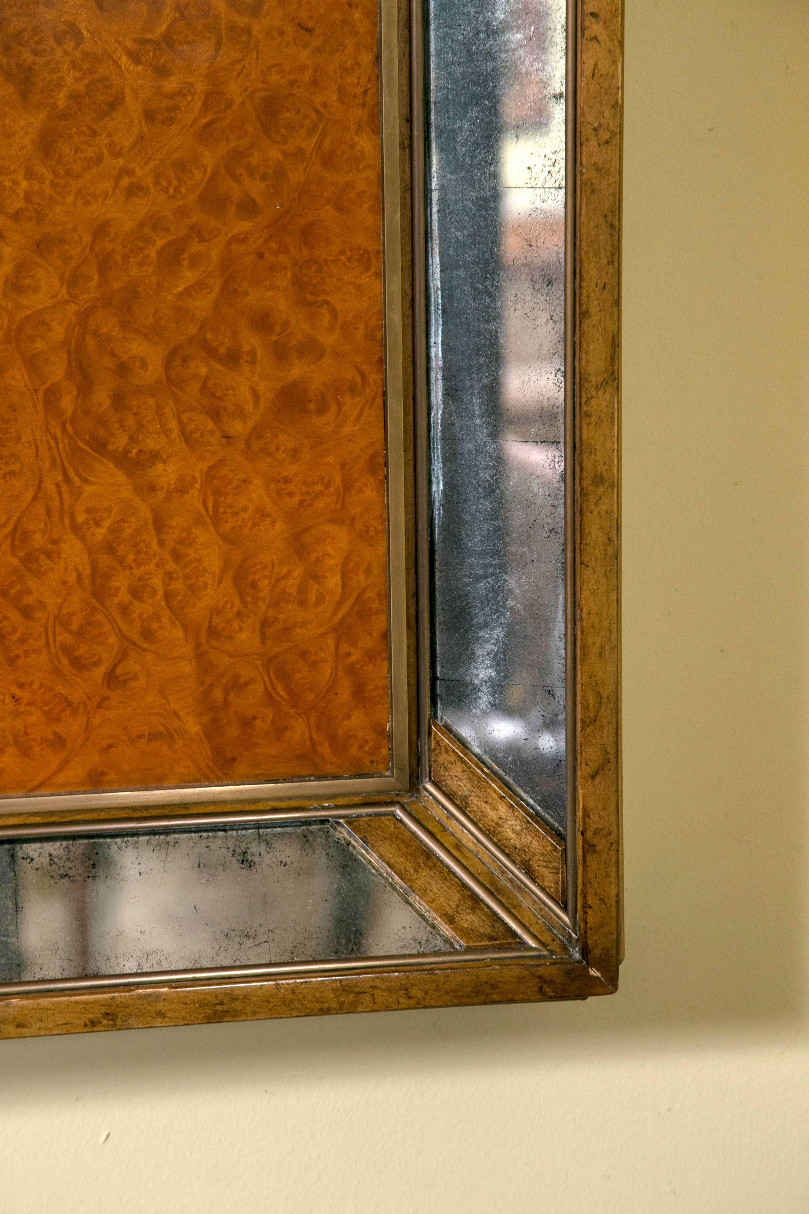 Mid-Century Modern Monumental Burl and Glass Art Deco Beveled Mirror By Theodore Alexander Stamped