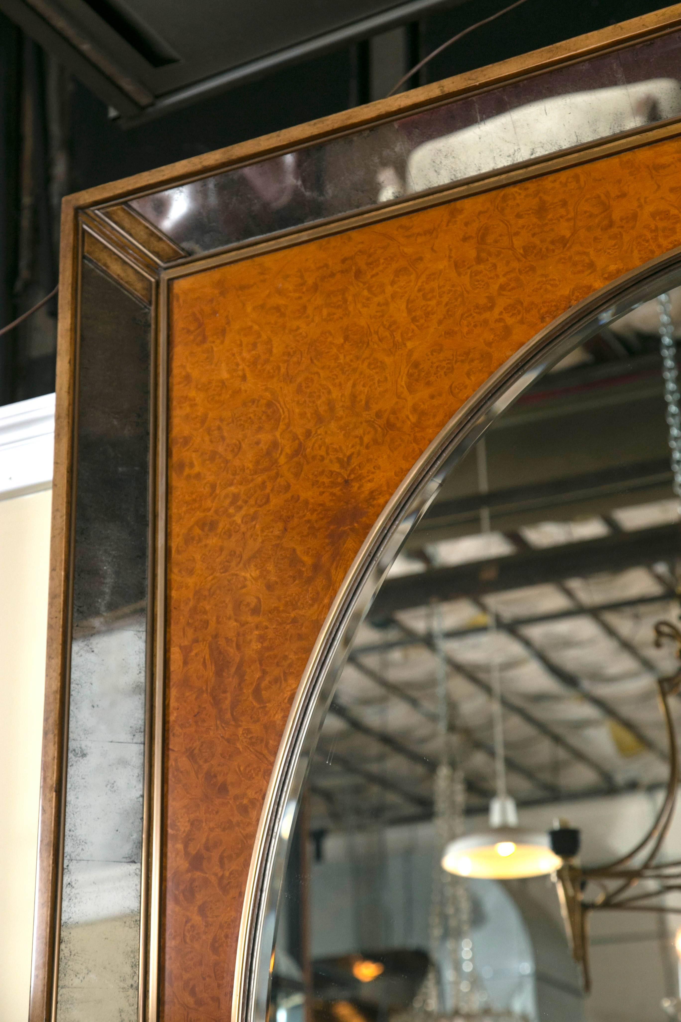 Monumental Burl and Glass Art Deco Beveled Mirror By Theodore Alexander Stamped In Good Condition In Stamford, CT