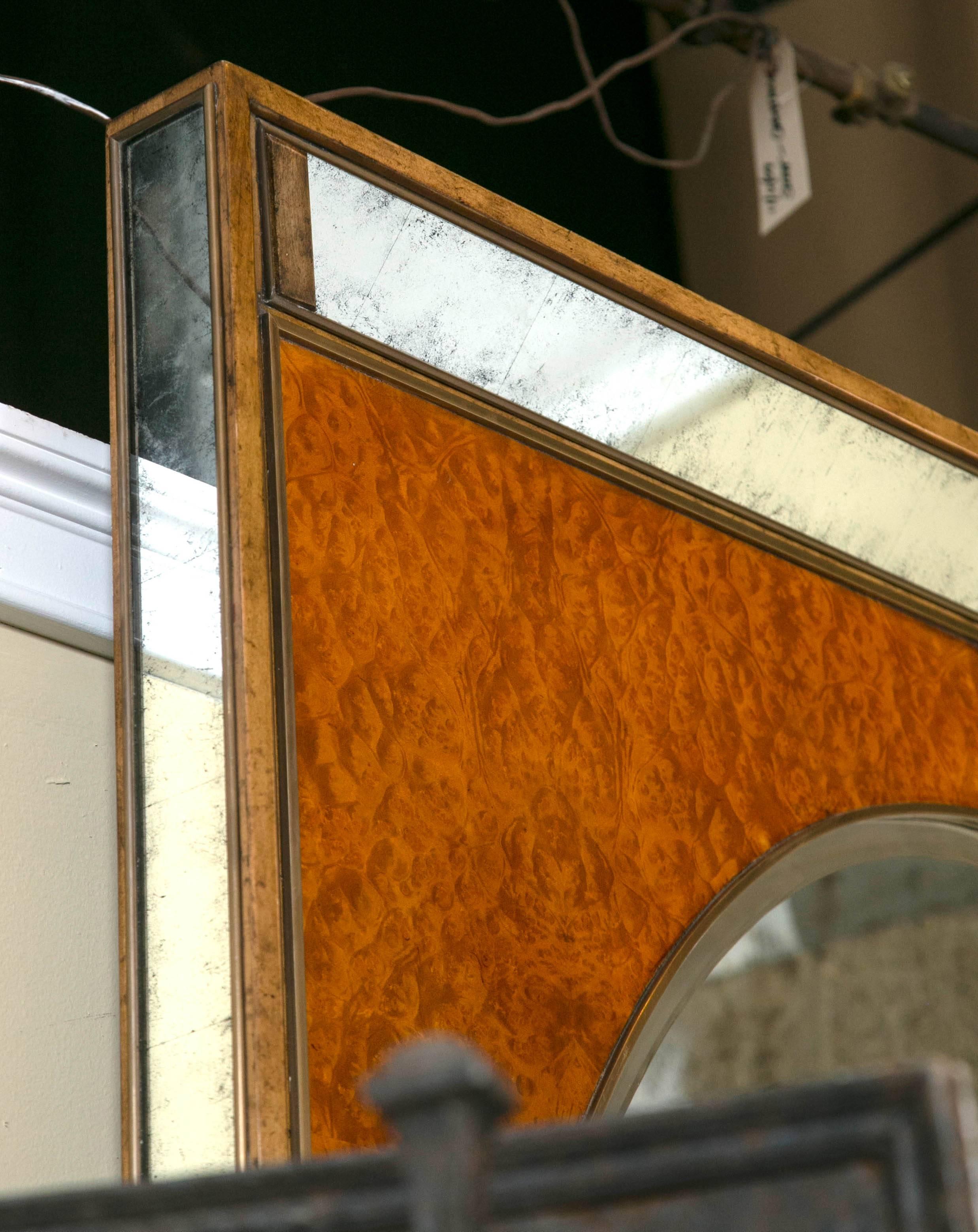 20th Century Monumental Burl and Glass Art Deco Beveled Mirror By Theodore Alexander Stamped