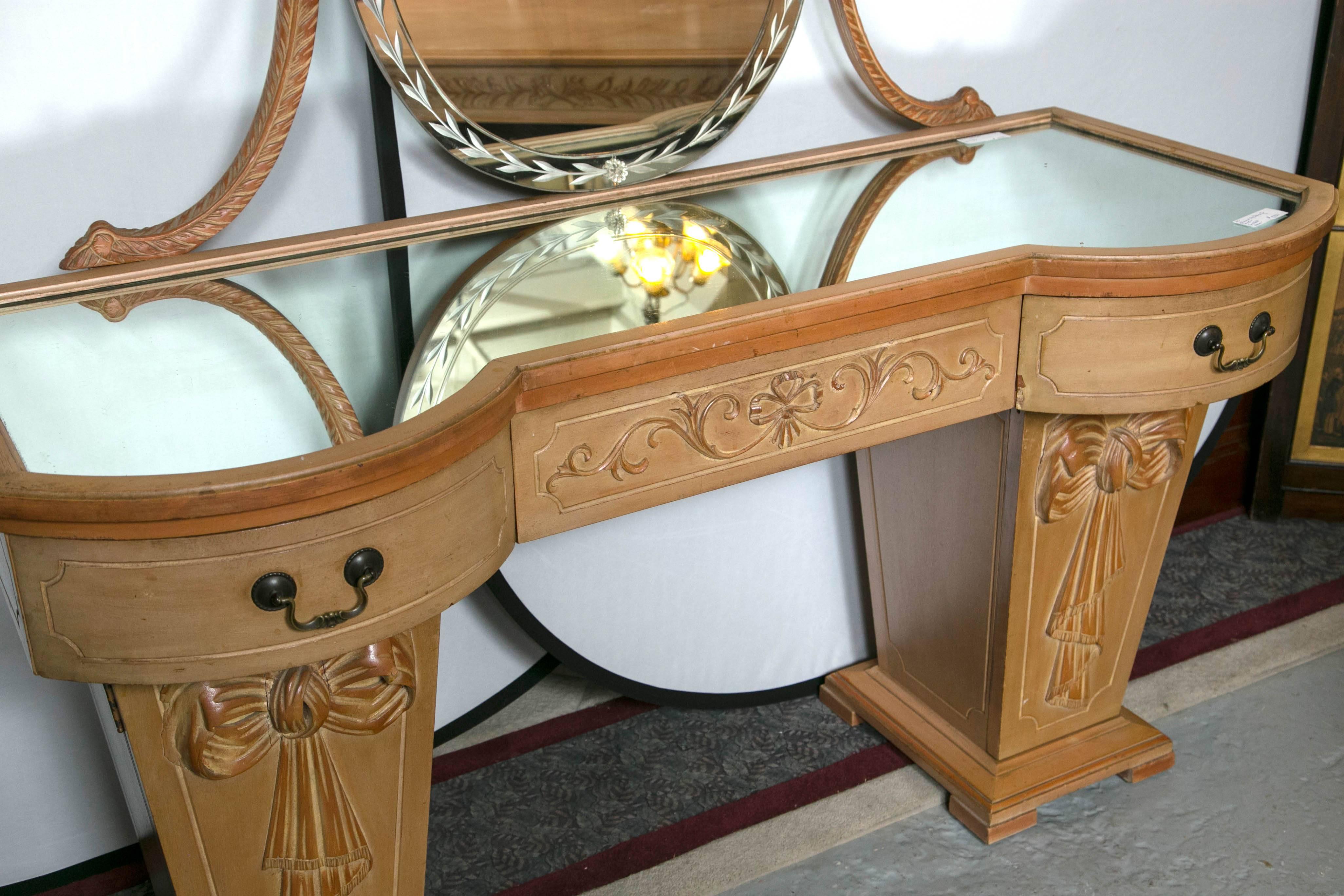 American Hollywood Regency Dorothy Draper Style Mirror Top Vanity or Desk