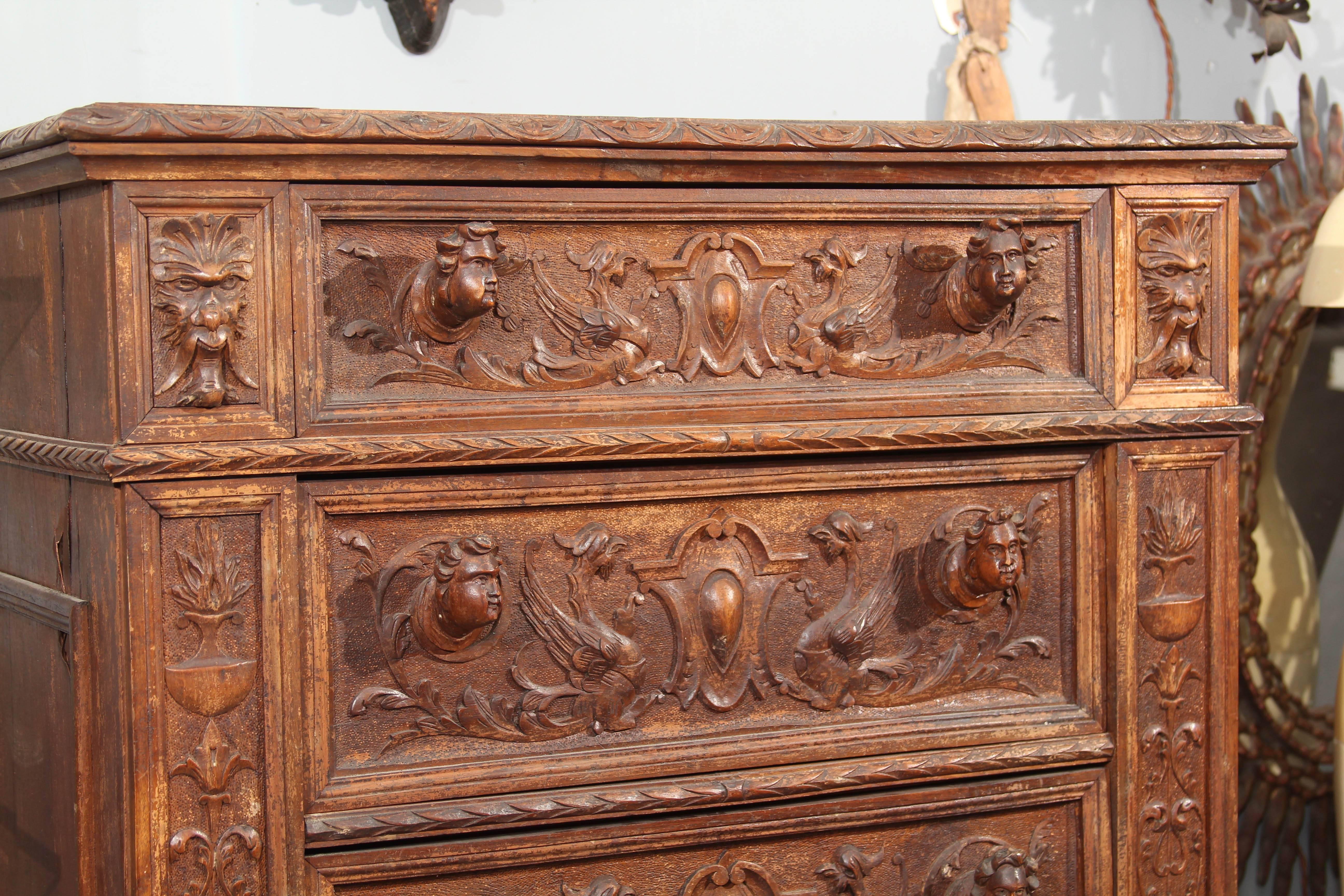 Hand-Carved Highboy or Chest In Distressed Condition For Sale In Seattle, WA