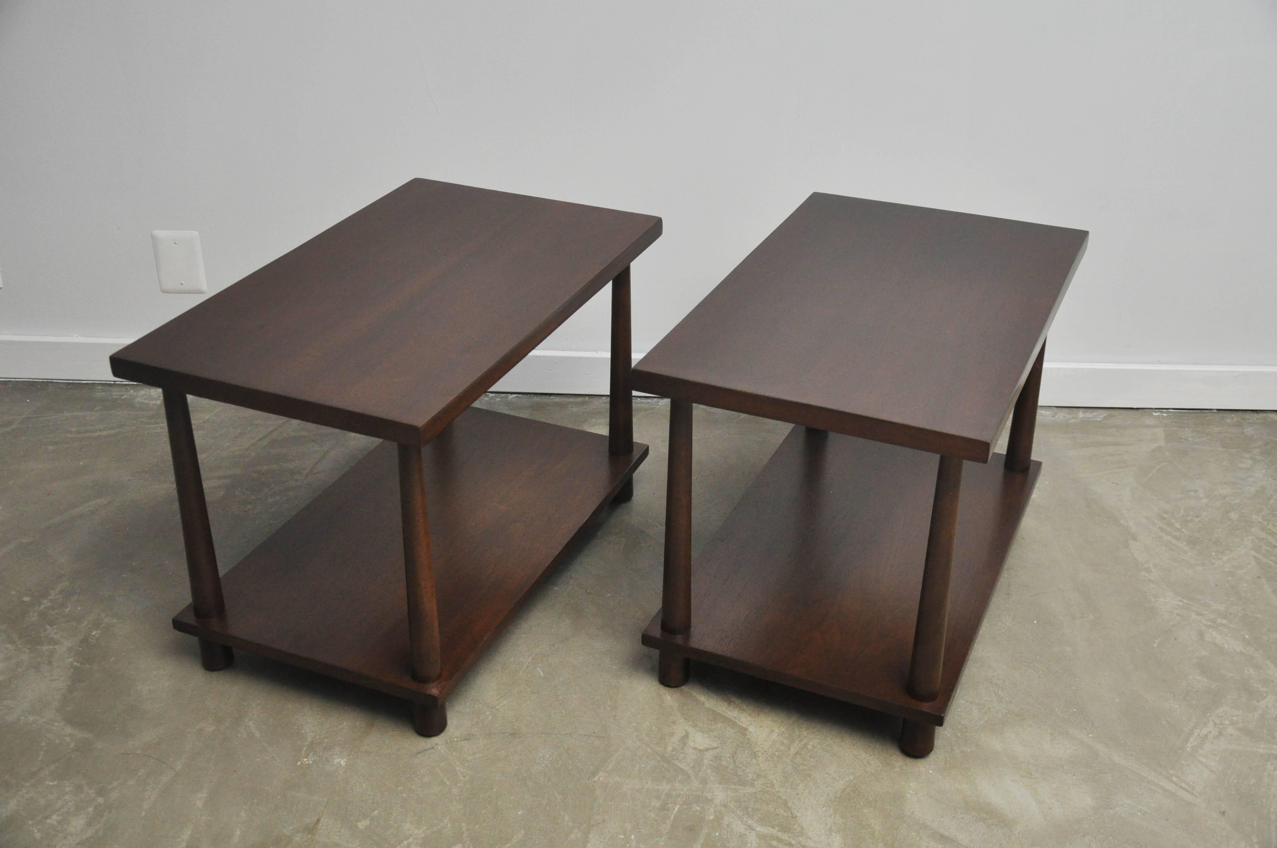 Pair of refinished dark walnut finish end tables by TH Robsjohn-Gibbings.