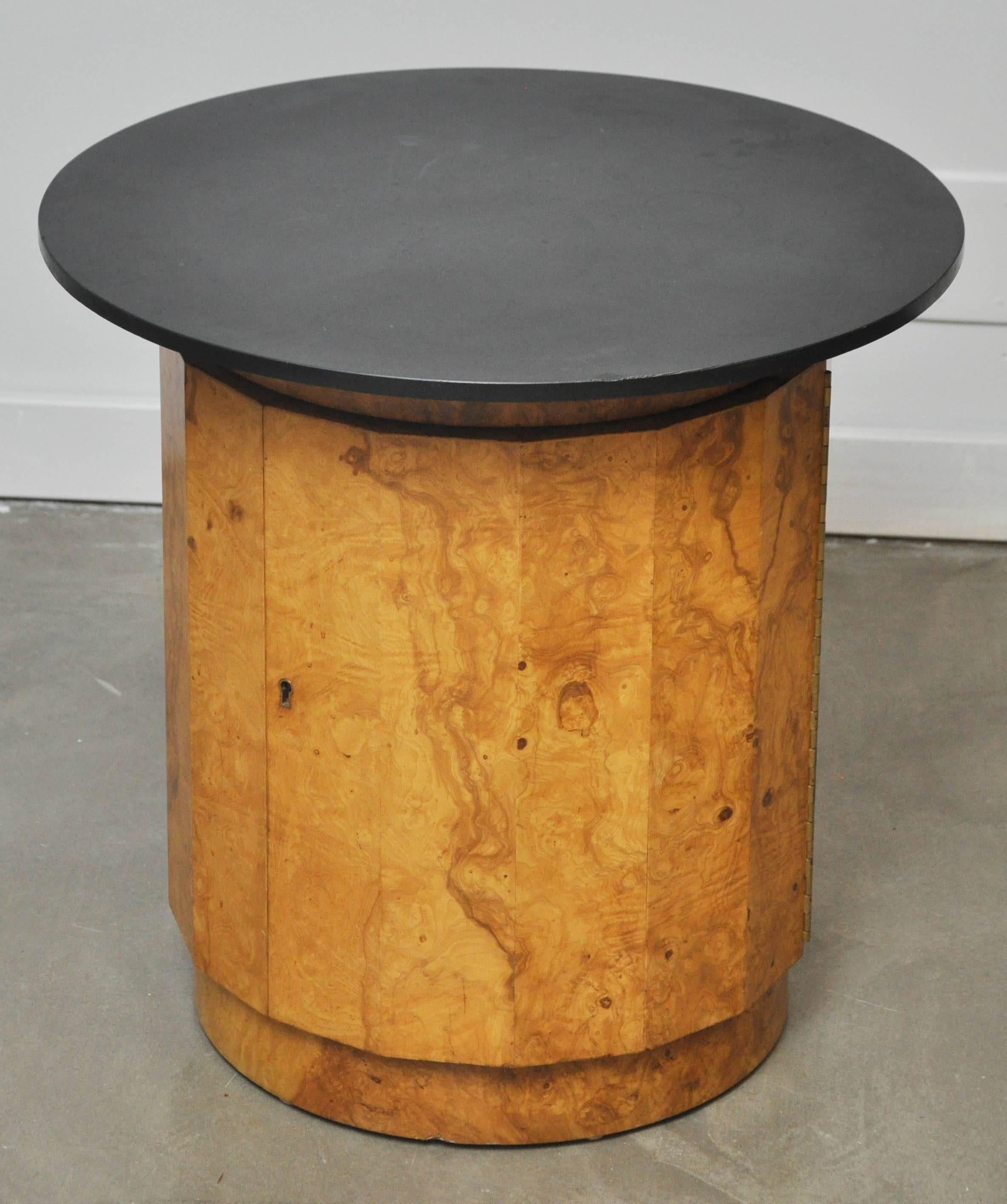 Burl wood locking storage end table by Edward Wormley with original slate top.