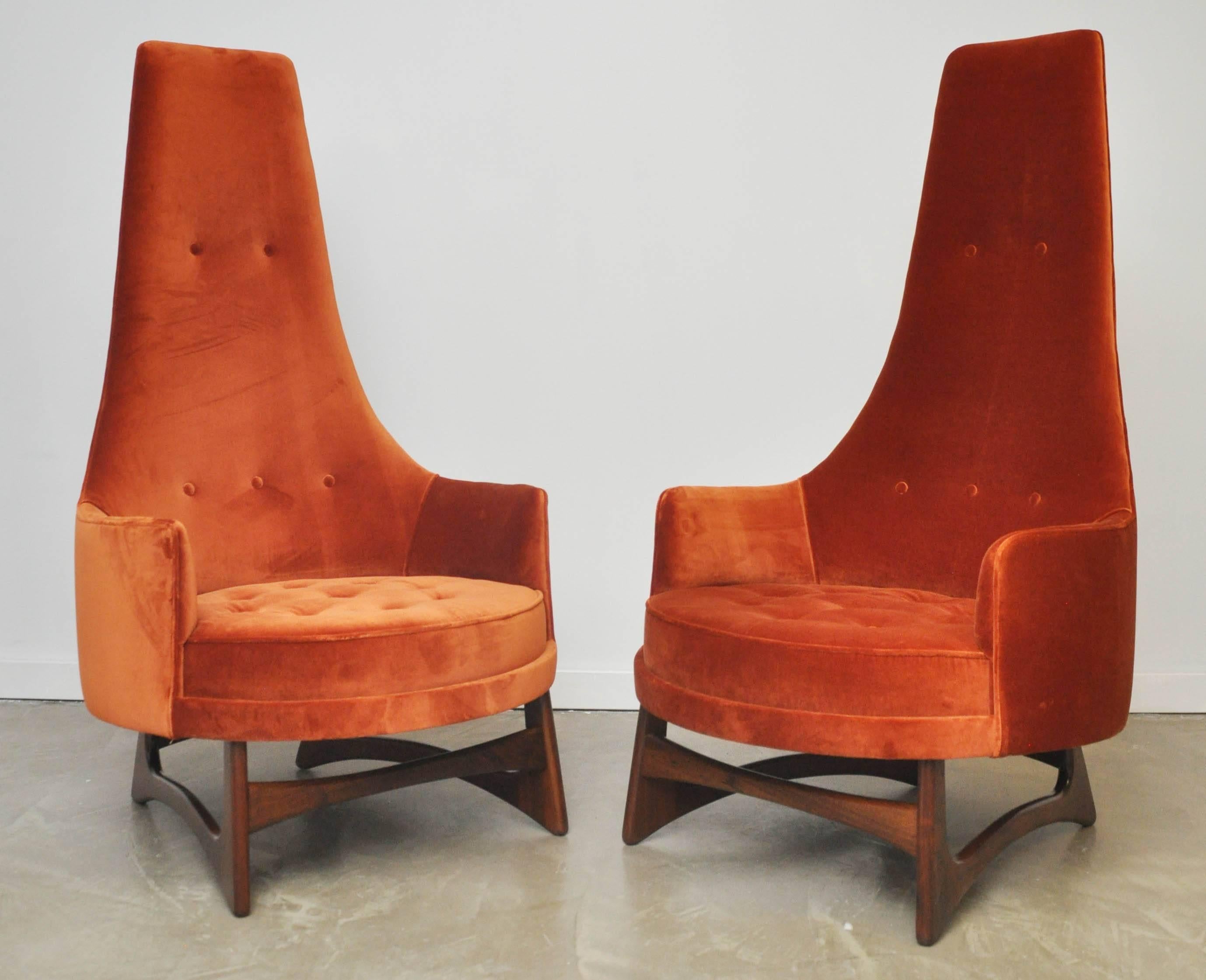 Dramatic lounge chairs by Adrian Pearsall on sculptural walnut bases. Fully restored and reupholstered in velvet.