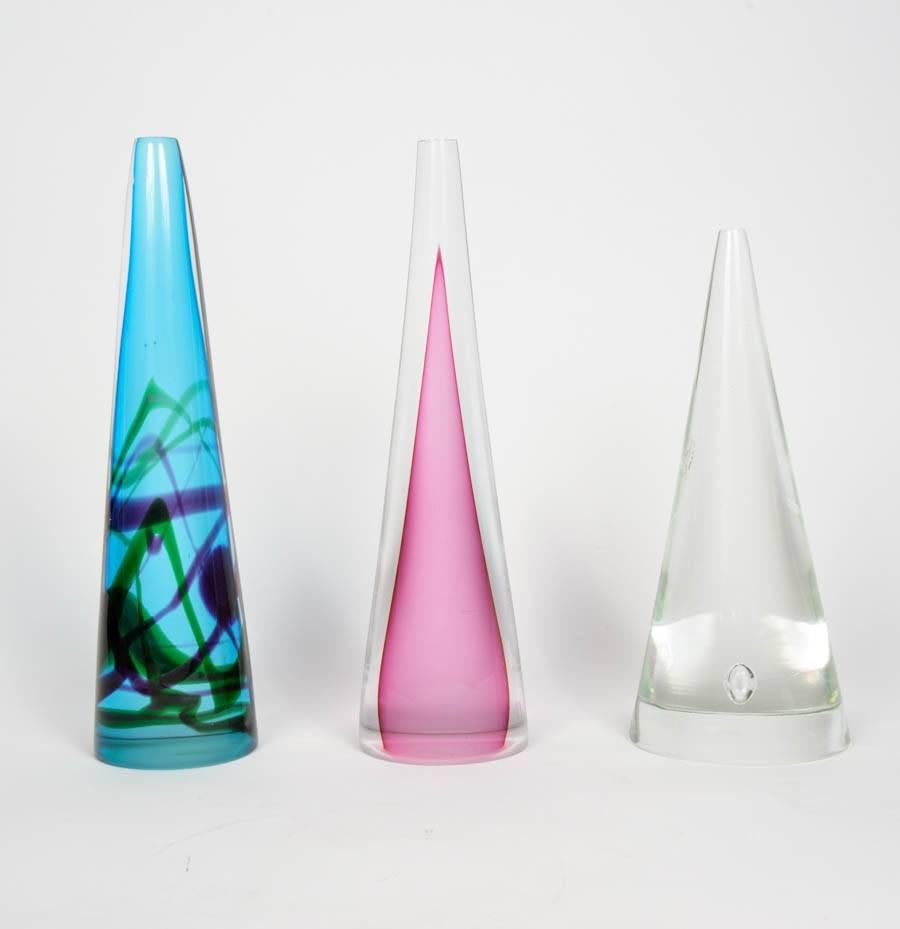 Set of three different Murano glass decorative cones.
Each of the three pieces have different diameter, height and decors inside.  