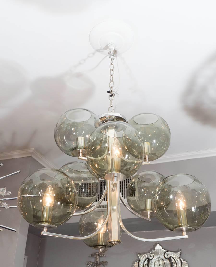 1970’s Nine Smoke Glass Globes Chandelier with Silver Plated Frame at ...