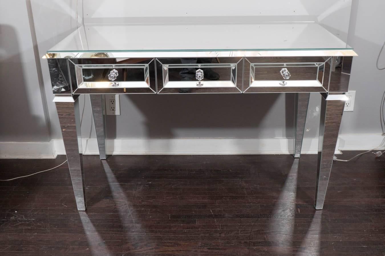 Custom Beveled Starphire Mirror Vanity Desk. Customization is available in different sizes, glass finishes and hardware.