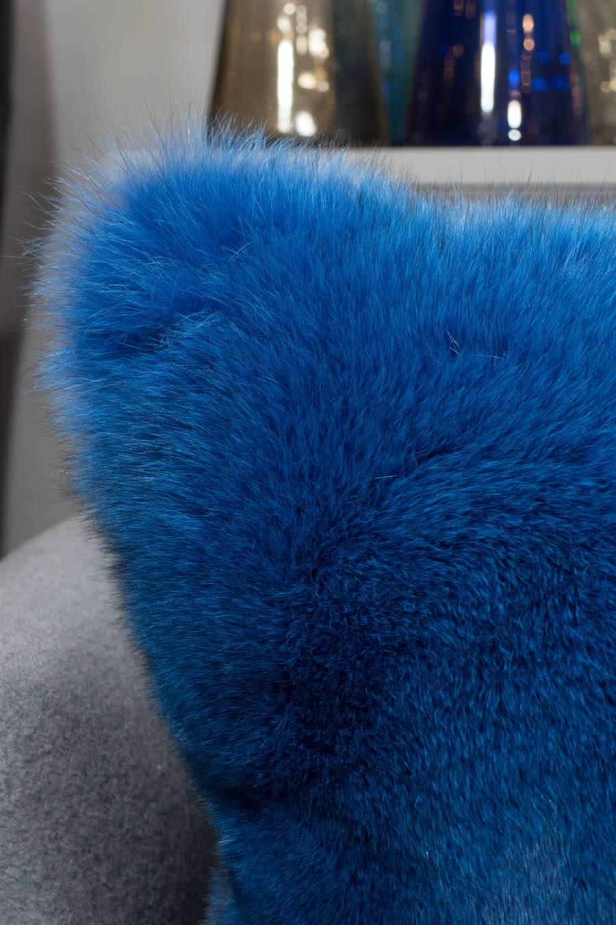 Contemporary Electric Blue Fox Fur Pillow