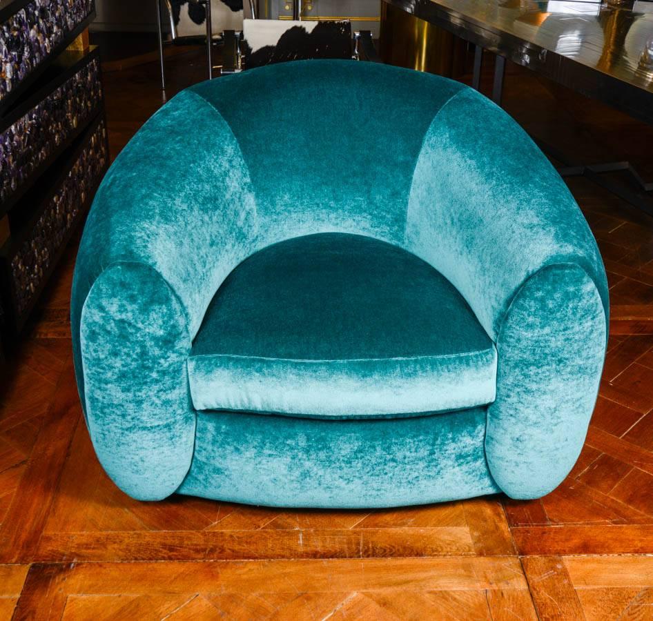Pair of large armchairs, cushion on seat, French production, upholstering with Dominic Kieffer turquoise-blue velvet, very comfortable. 
Price in simple white fabric : 5400 euros per piece + 7 meters fabric
