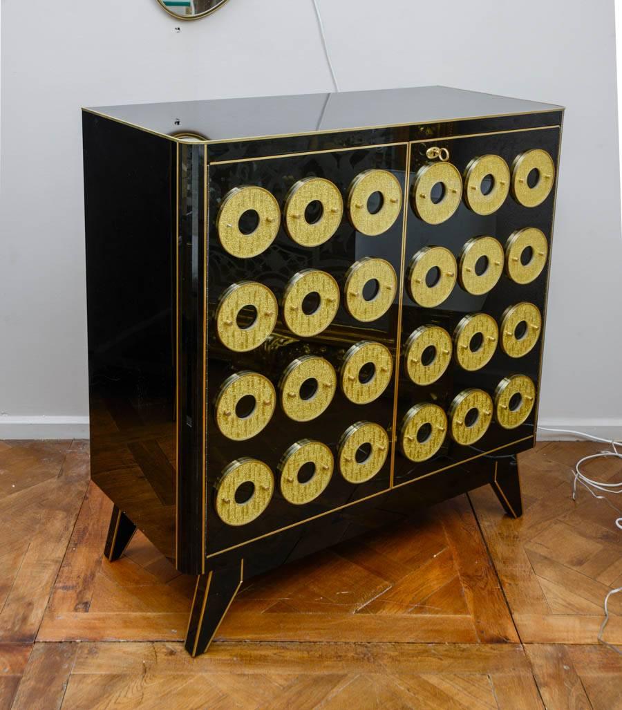Brass Pair of Black Mirrored Sideboards