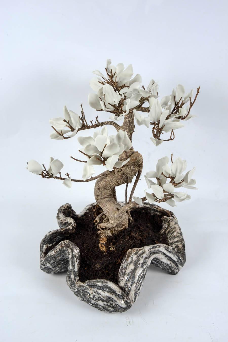 French Tree Made Up of Natural Plant and Leaves in White Ceramic For Sale