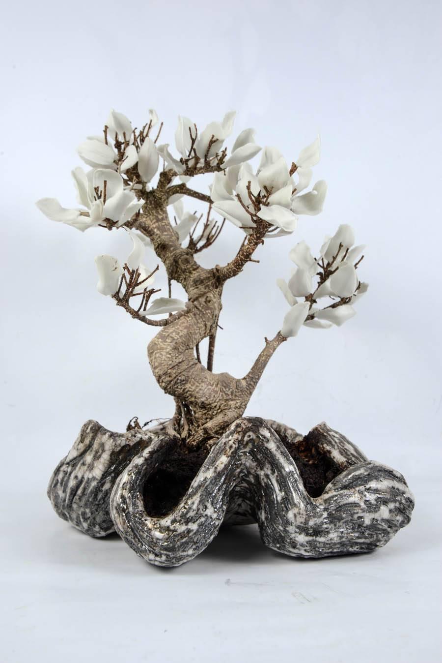 Contemporary Tree Made Up of Natural Plant and Leaves in White Ceramic For Sale