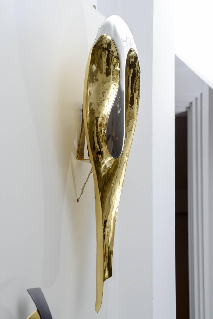 Fantastic dinandery, electrified sconce by Perrichaud (French dinandier active during the 1960), double patina, gold and silver,
a sculpture as much as a lamp.
