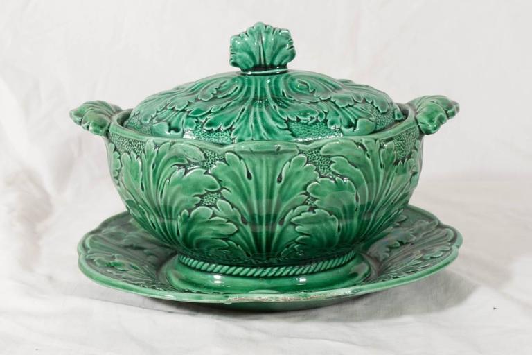 Small Antique Green Majolica Tureen at 1stDibs