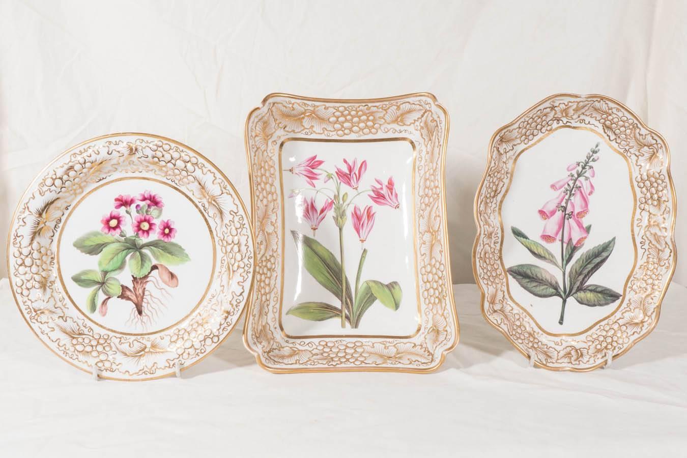 Hand-Painted  Antique English Porcelain Service in a Style Similar to the Danish Flora Danica