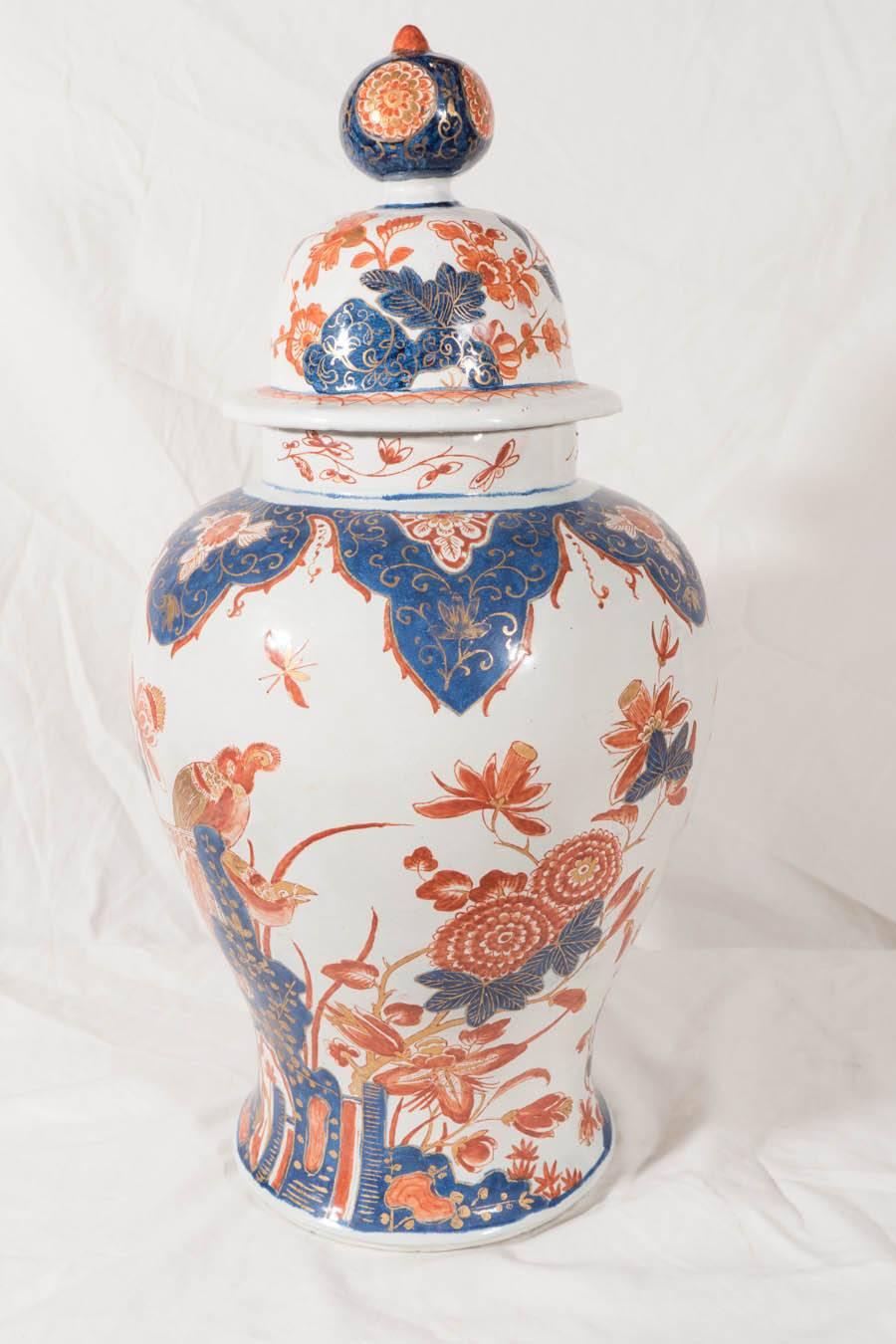  Pair Antique Delft Ginger Jars Imari Style In Excellent Condition In Katonah, NY