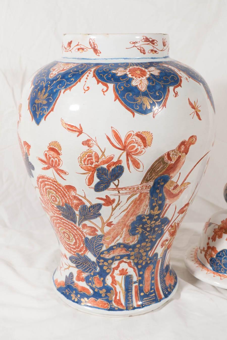 Hand-Painted  Pair Antique Delft Ginger Jars Imari Style