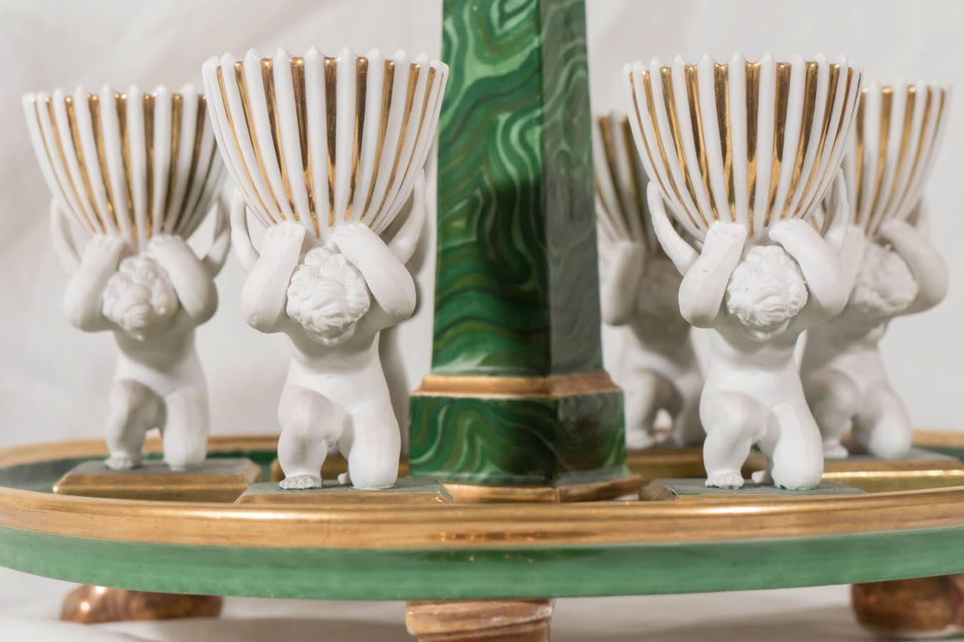 Neoclassical Porcelain Faux Malachite Stand with a Set of Six Egg Cups