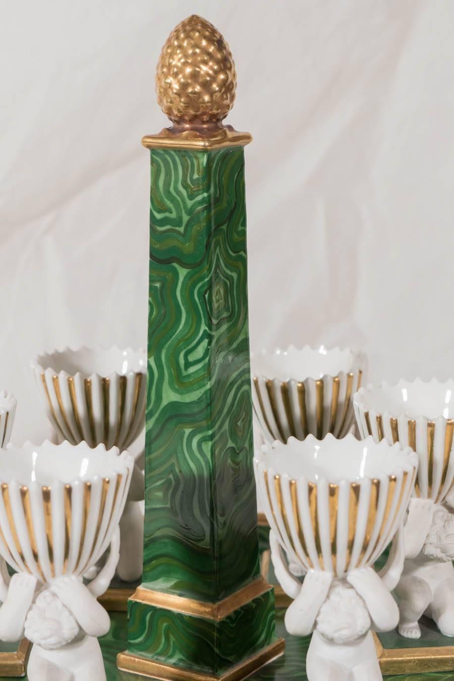 Porcelain Faux Malachite Stand with a Set of Six Egg Cups In Excellent Condition In Katonah, NY