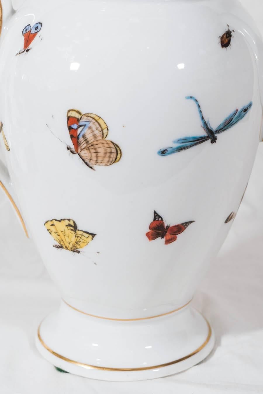 Romantic Antique Paris Porcelain Coffee Pot Painted with Butterflies and Other Insects