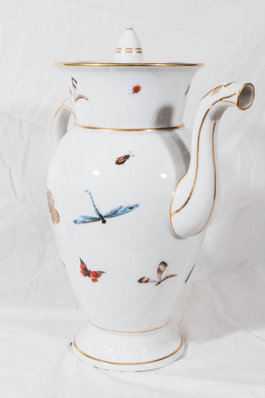 Antique Paris Porcelain Coffee Pot Painted with Butterflies and Other Insects In Excellent Condition In Katonah, NY