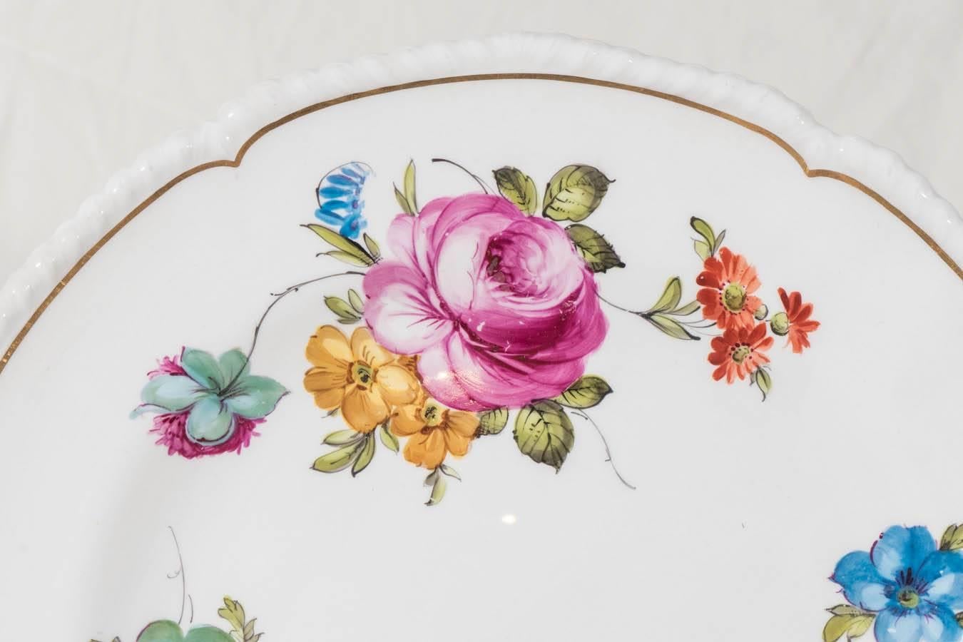 English Antique Porcelain Dishes Each Hand-Painted with Roses on White Porcelain