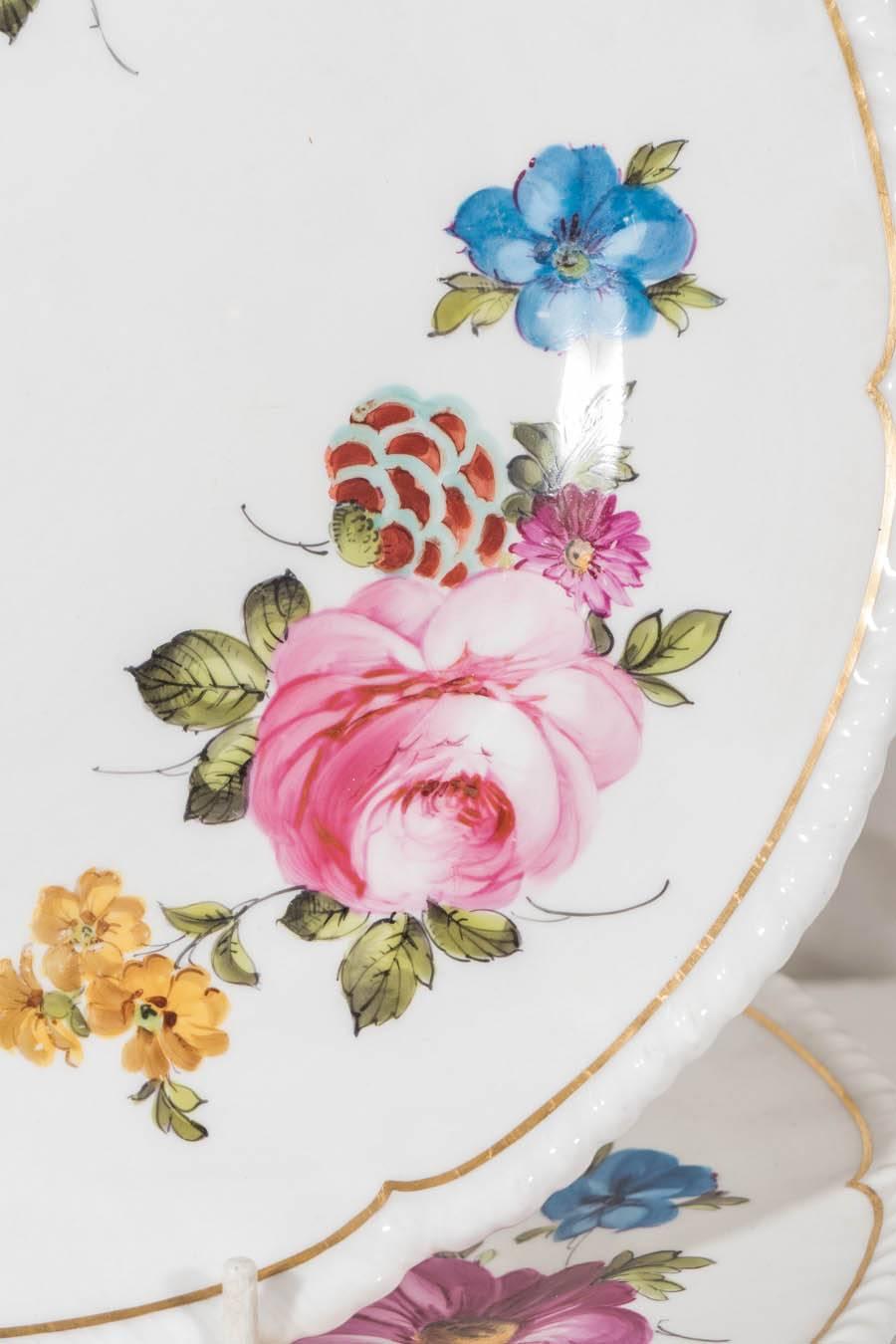 Romantic Antique Porcelain Dishes Each Hand-Painted with Roses on White Porcelain