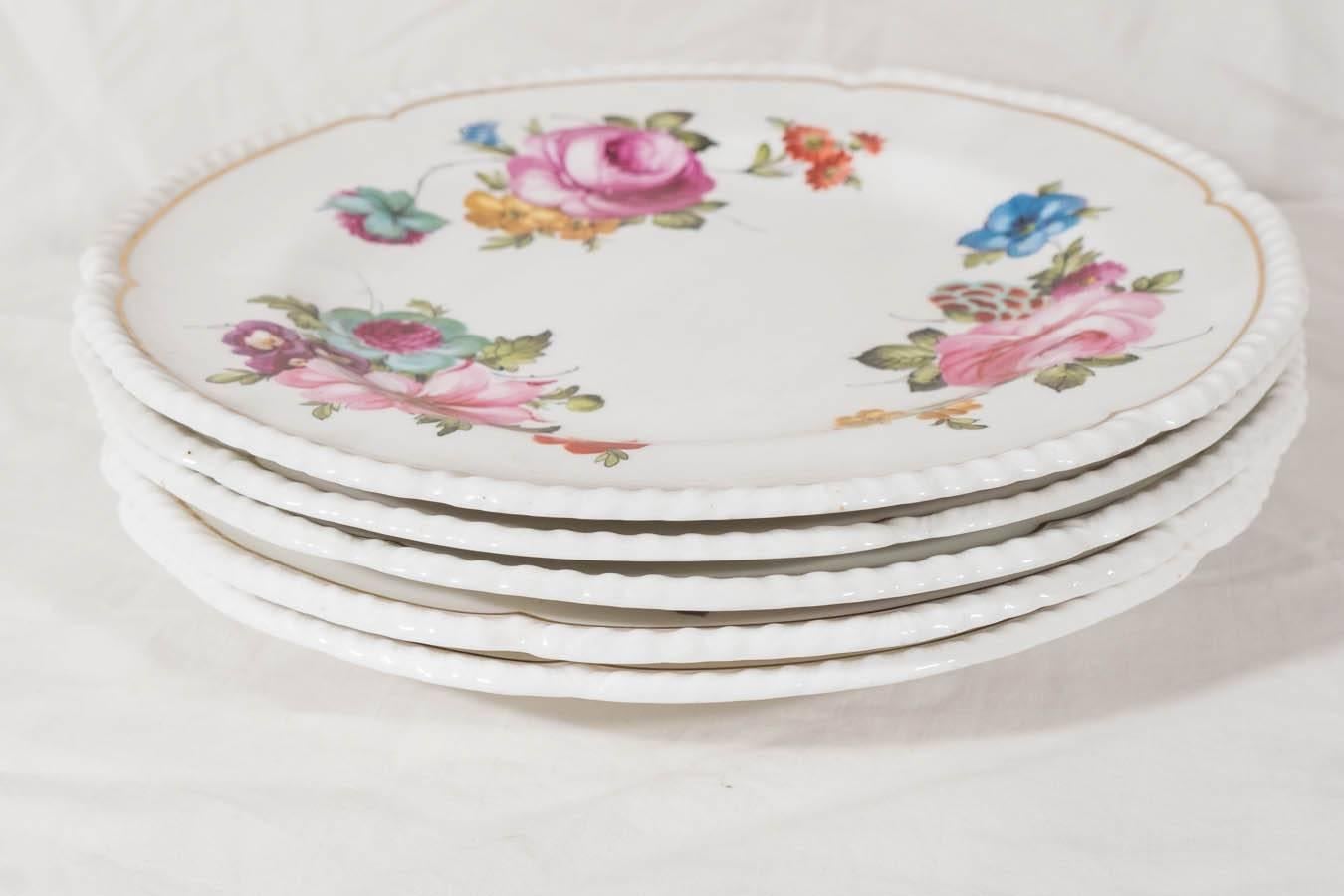 Antique Porcelain Dishes Each Hand-Painted with Roses on White Porcelain In Excellent Condition In Katonah, NY