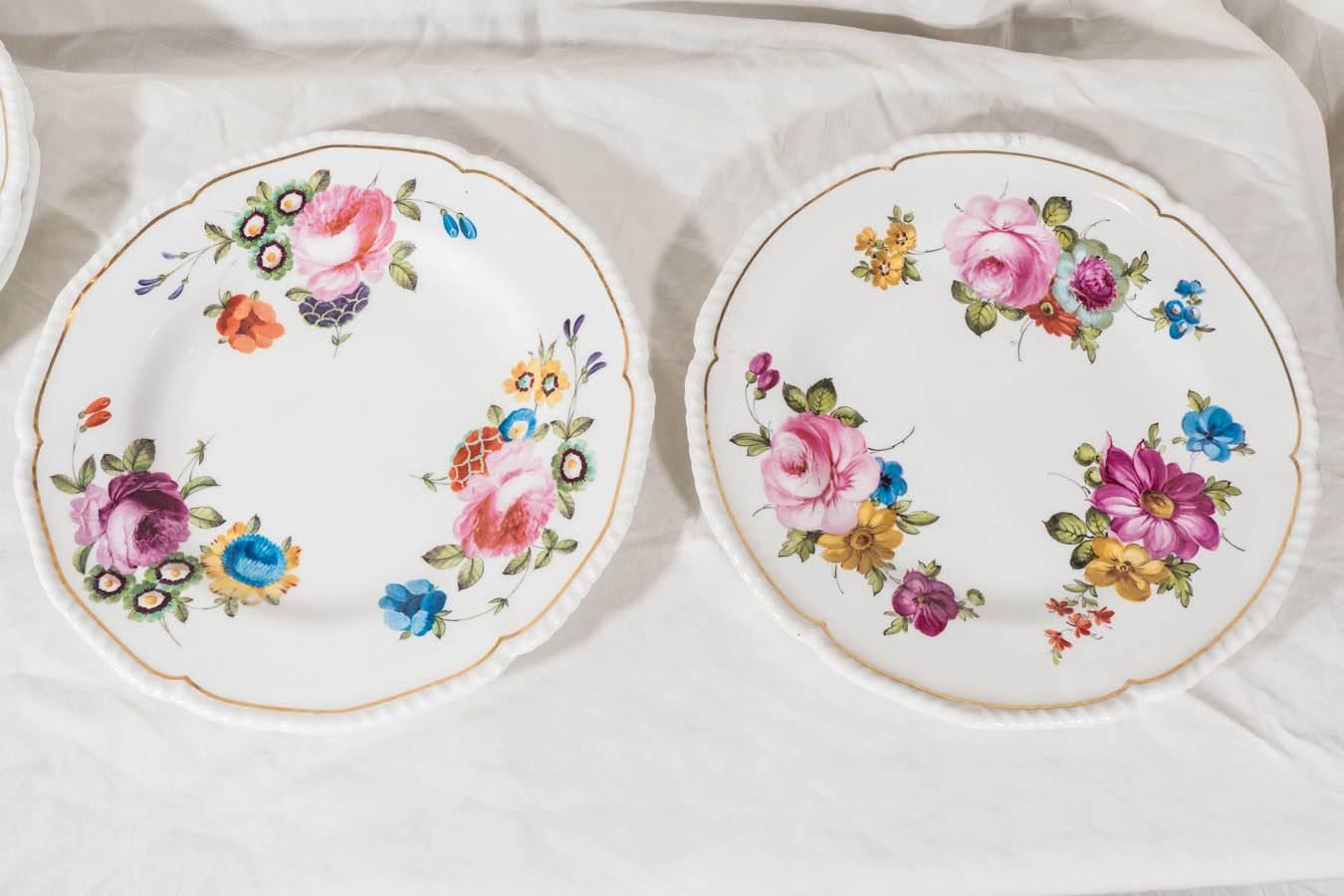 19th Century Antique Porcelain Dishes Each Hand-Painted with Roses on White Porcelain