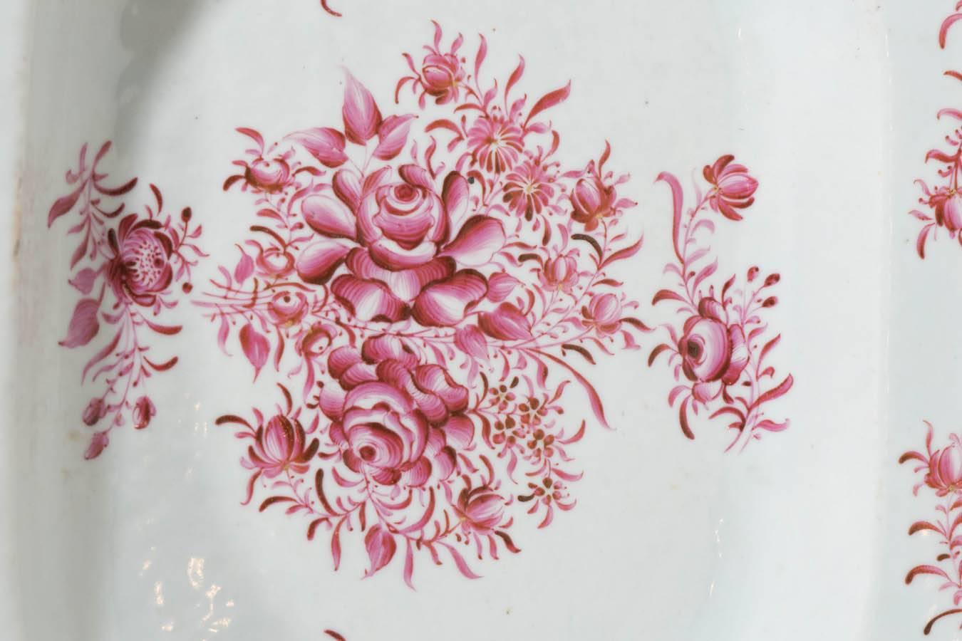 Qing Antique Chinese Porcelain Platter Hand-Painted with Rose Pink Enamels