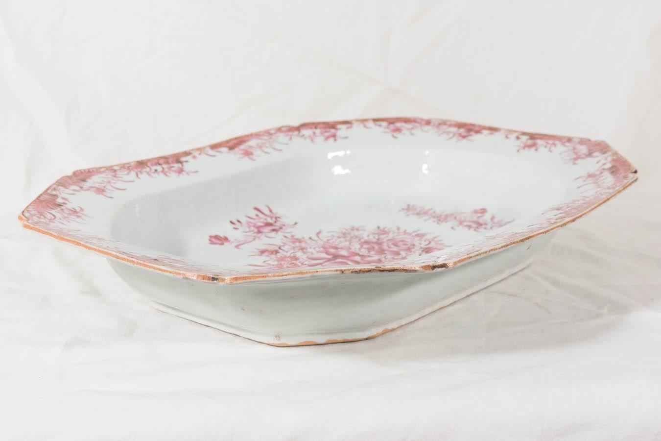 18th Century Antique Chinese Porcelain Platter Hand-Painted with Rose Pink Enamels