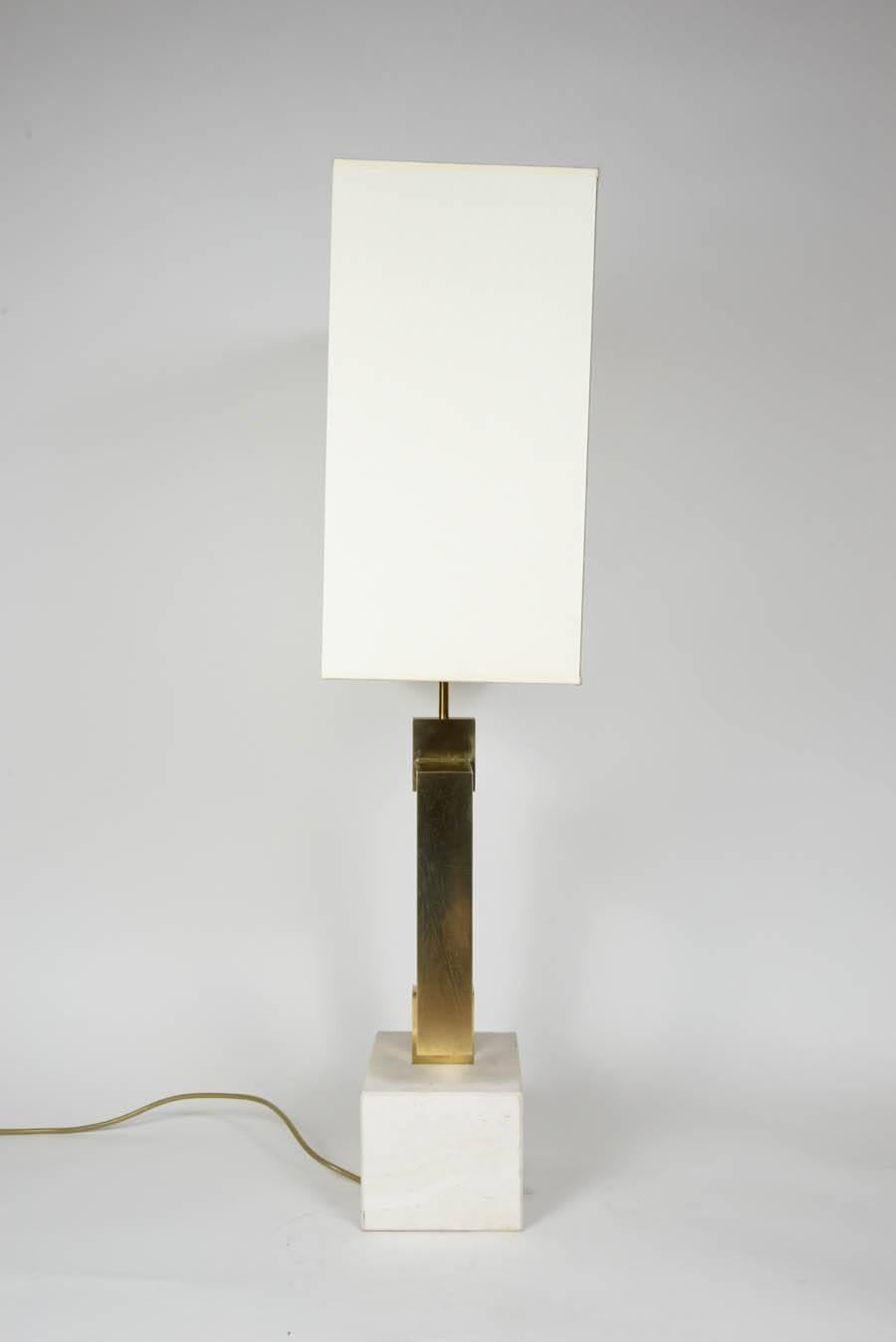 Late 20th Century Pair of Travertine and Brass Lamps