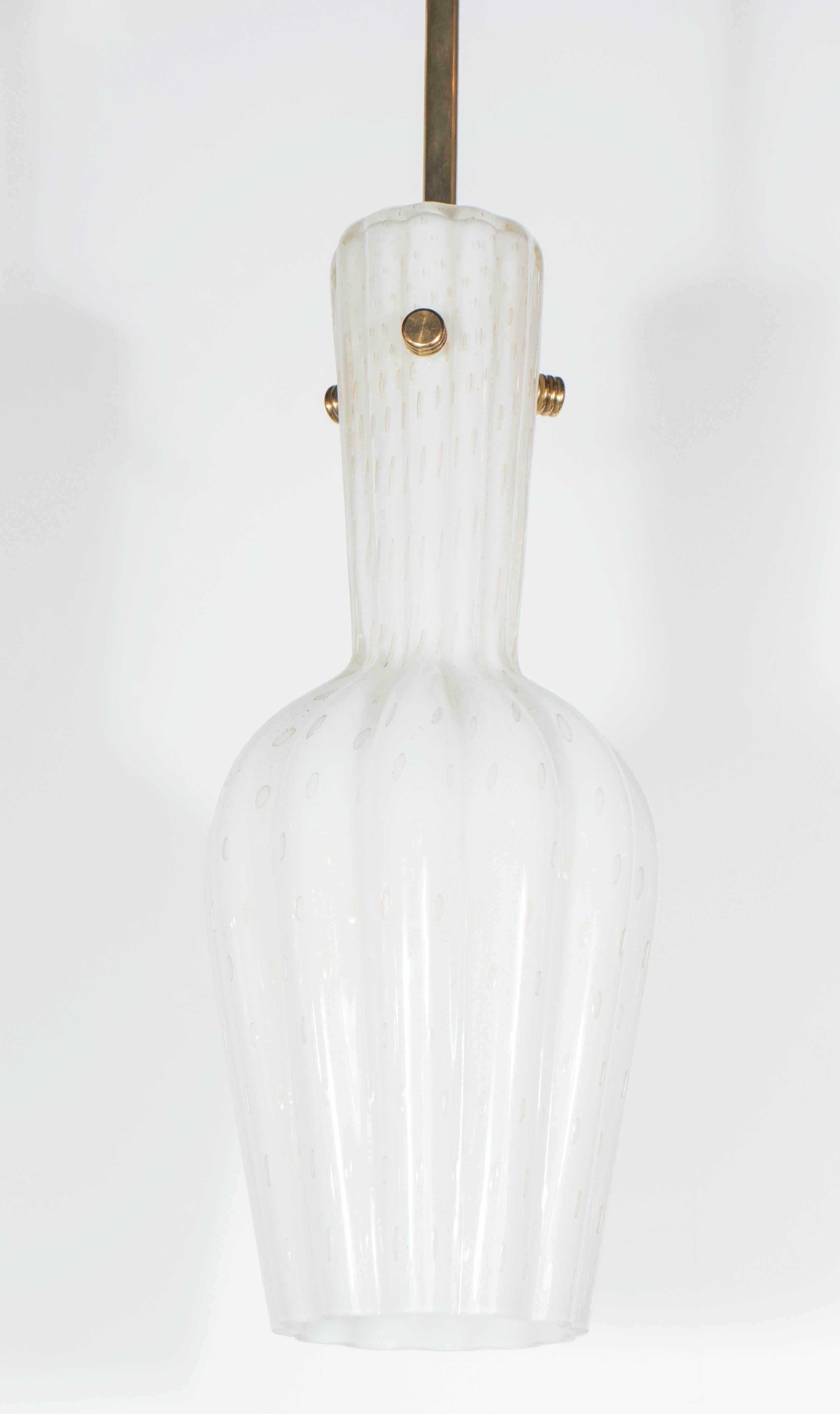 Mid-Century Modern Pair of Fluted Urn-Form Murano White Glass Pendants with Antiqued Brass Fittings
