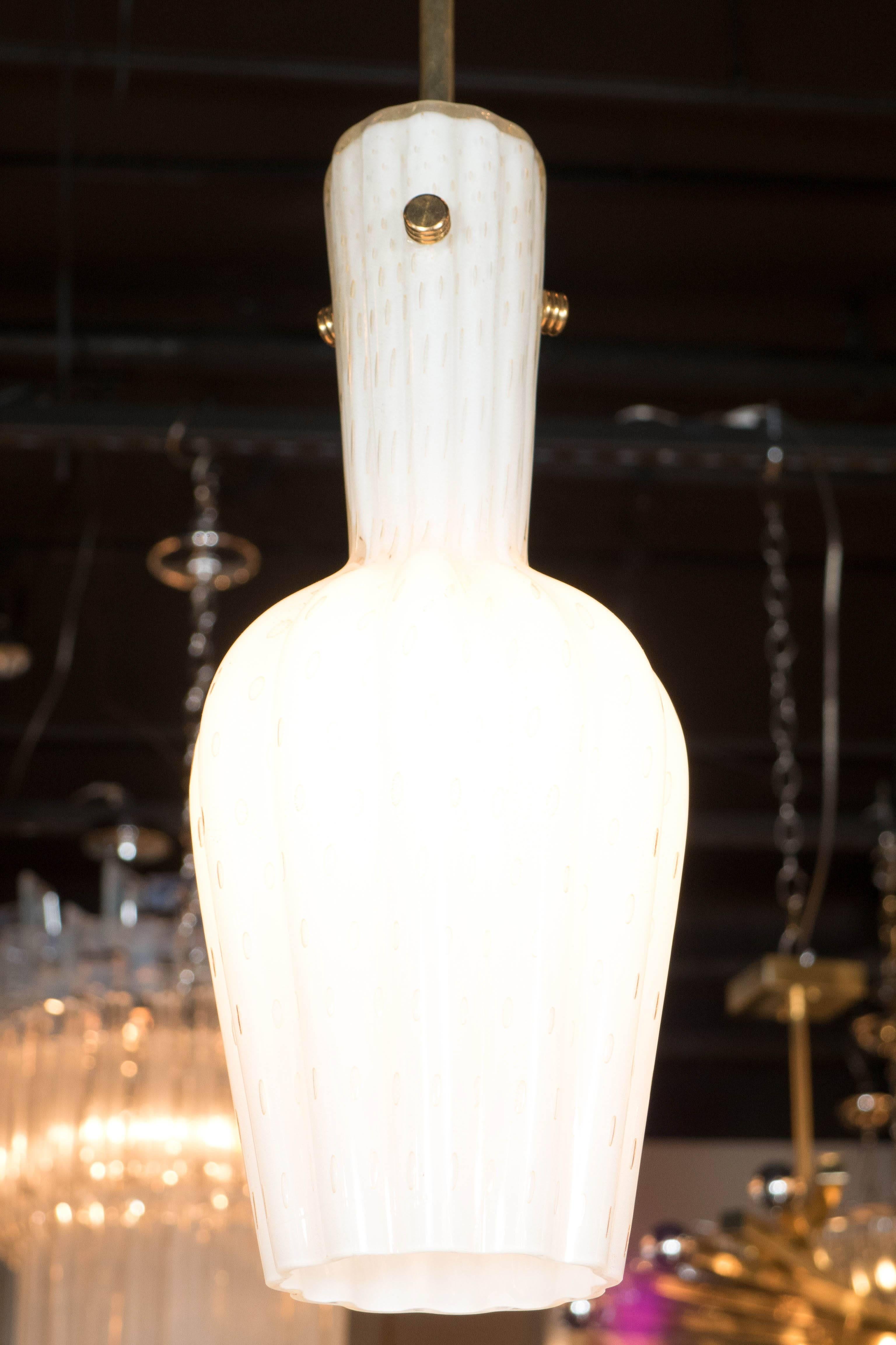 Pair of Fluted Urn-Form Murano White Glass Pendants with Antiqued Brass Fittings 1