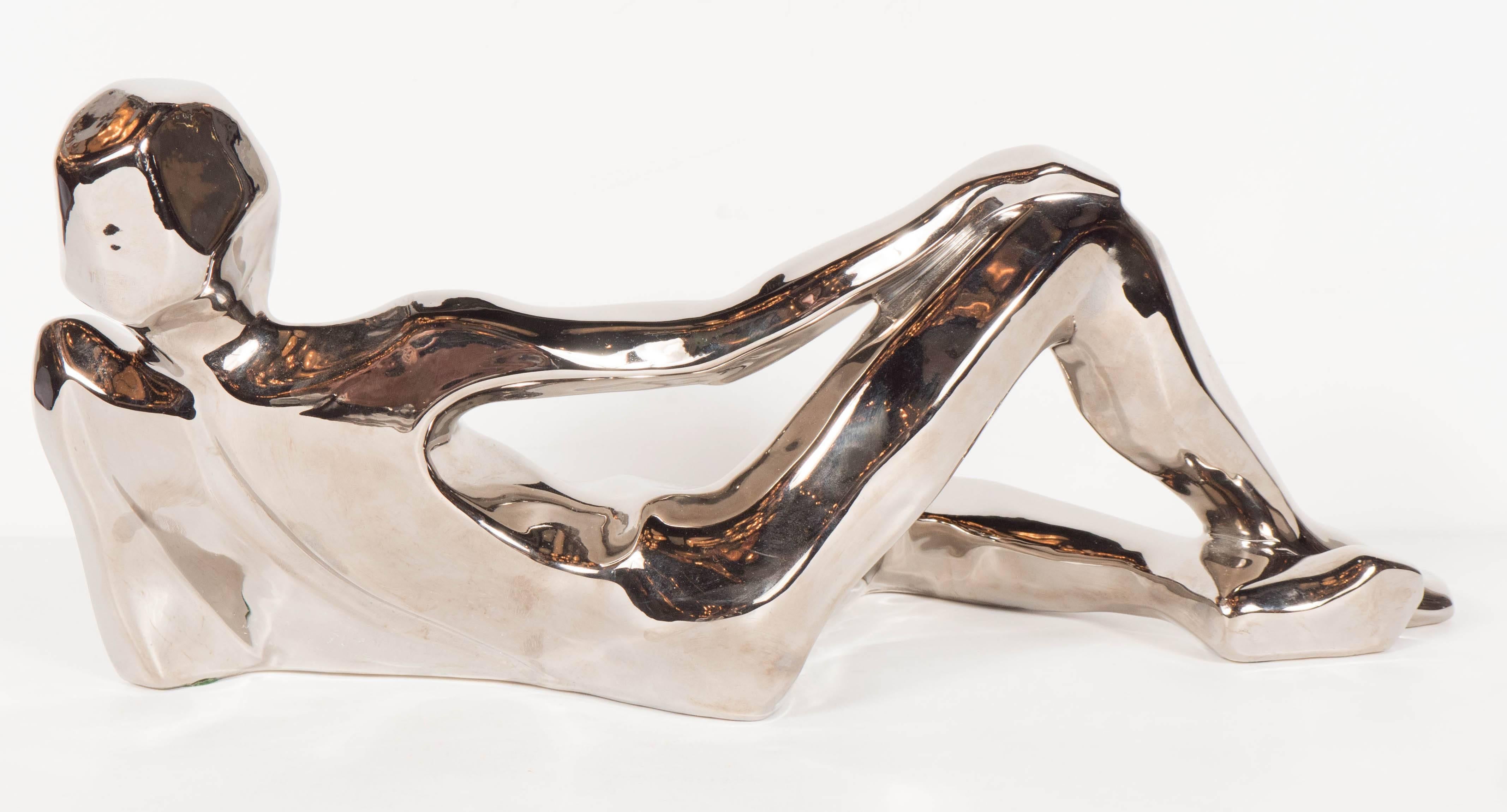 Glazed Super Chic Mid-Century Modernist Figural Sculpture in Platinum by Jaru