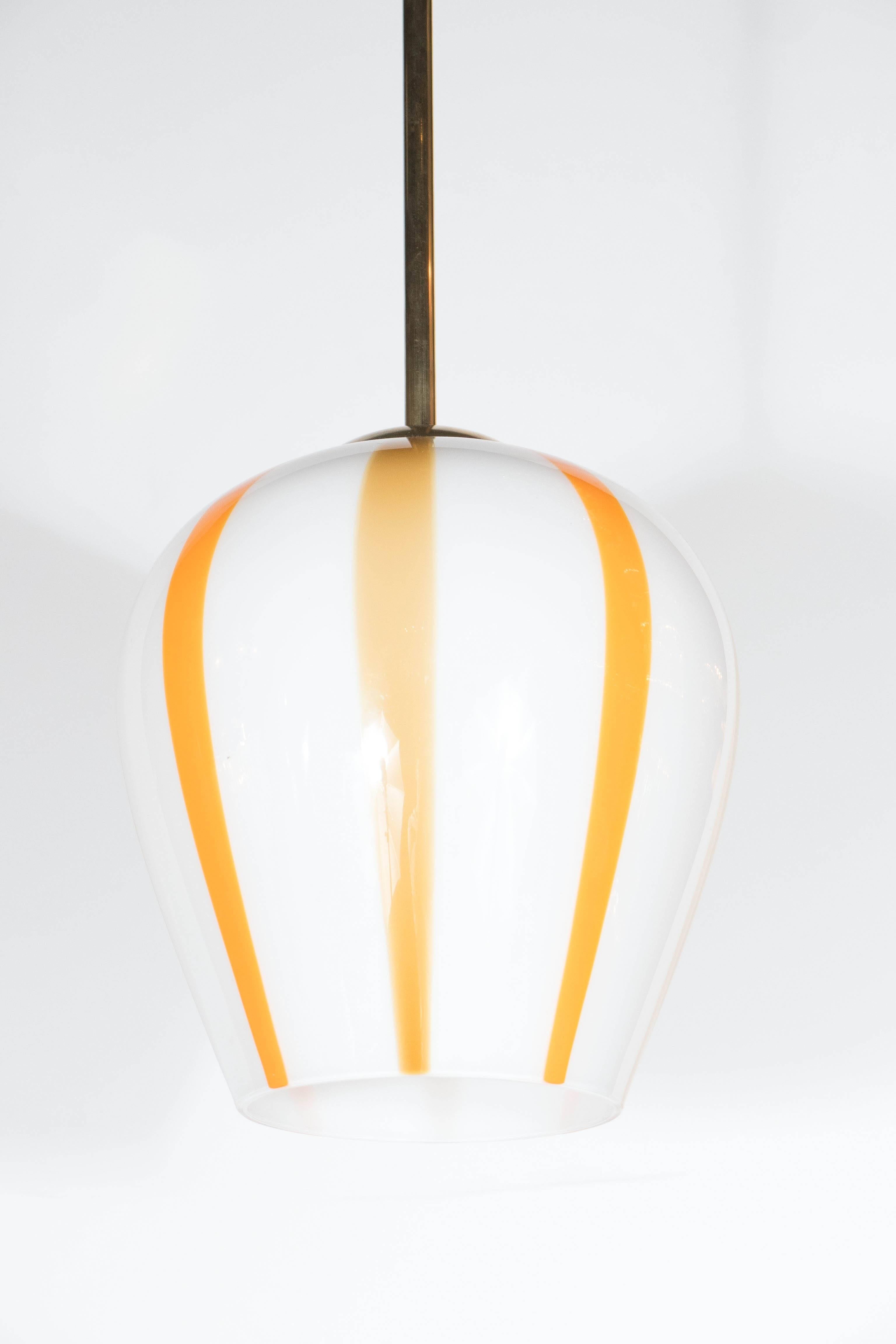 Italian  Mid-Century Modernist Pendant in Hand Blown Murano Glass with Citrus Accent 