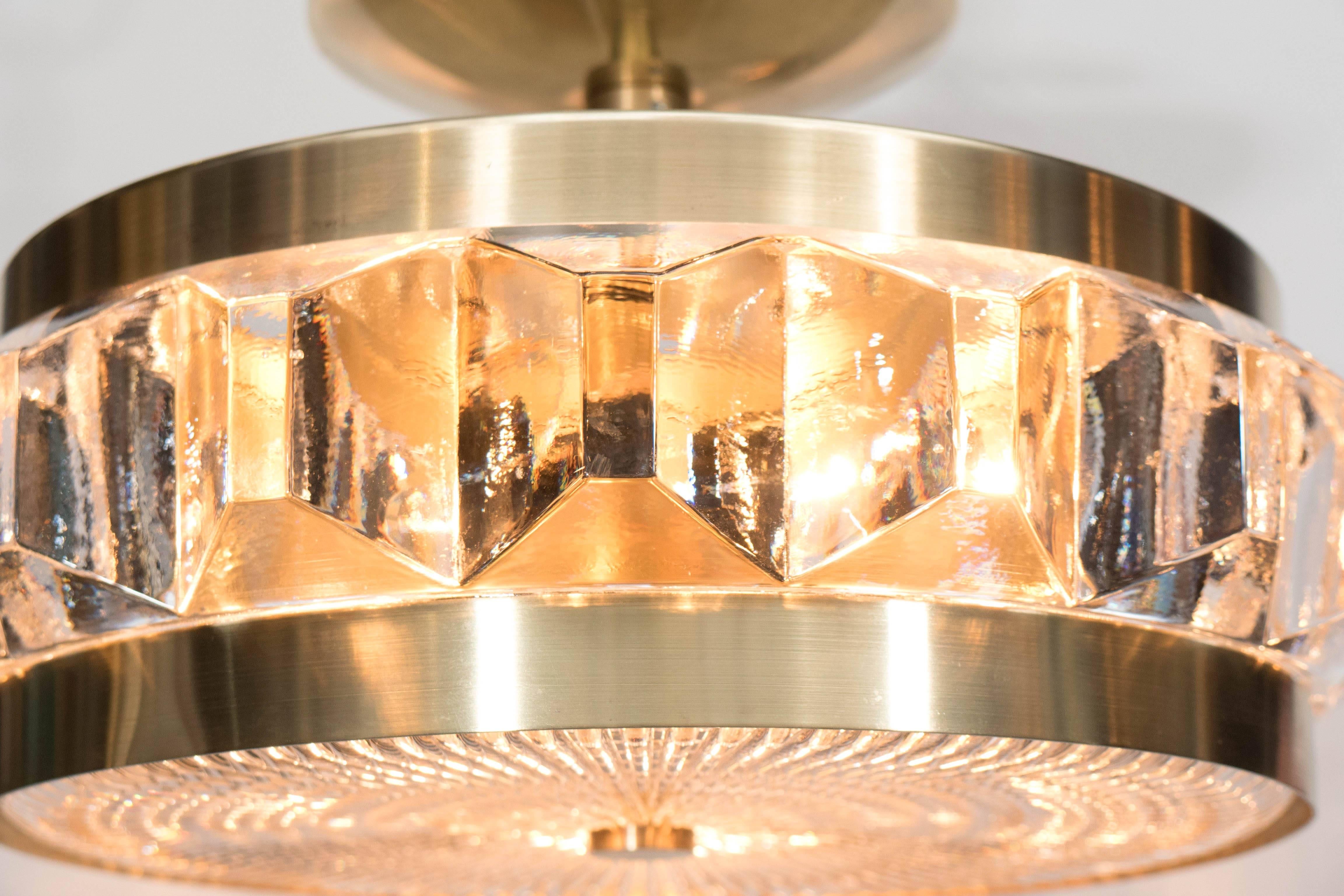 Mid-Century Modern Flush Mount Chandelier with Textured Glass and Brass Fittings by Orrefors