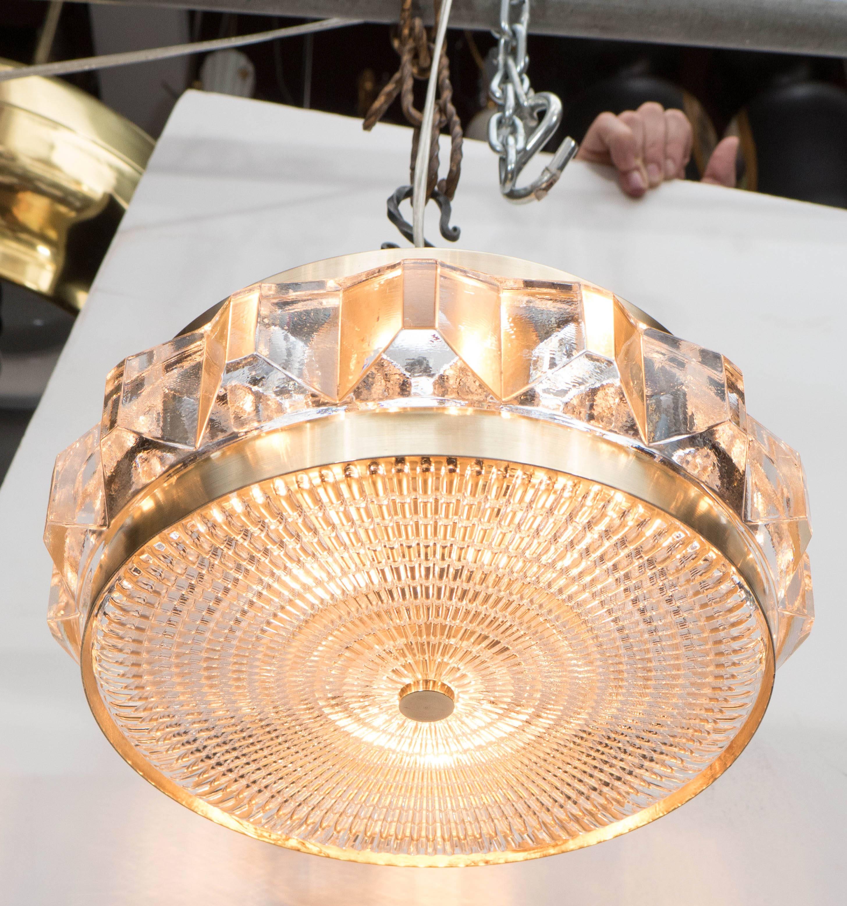 Swedish Flush Mount Chandelier with Textured Glass and Brass Fittings by Orrefors