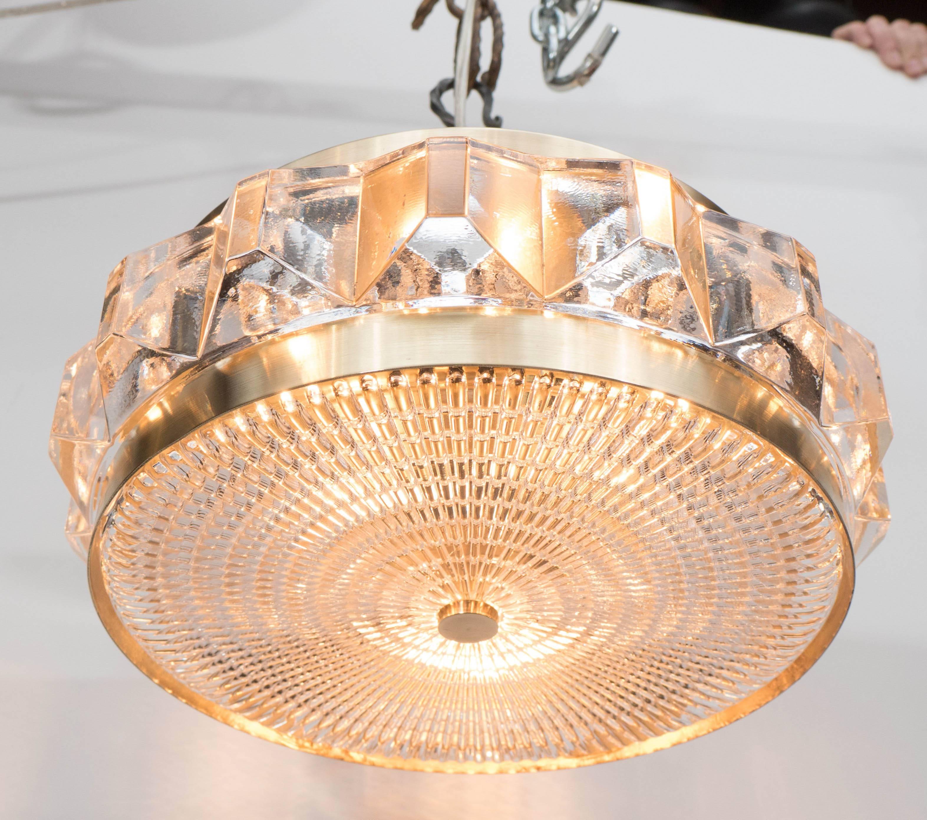 Mid-20th Century Flush Mount Chandelier with Textured Glass and Brass Fittings by Orrefors